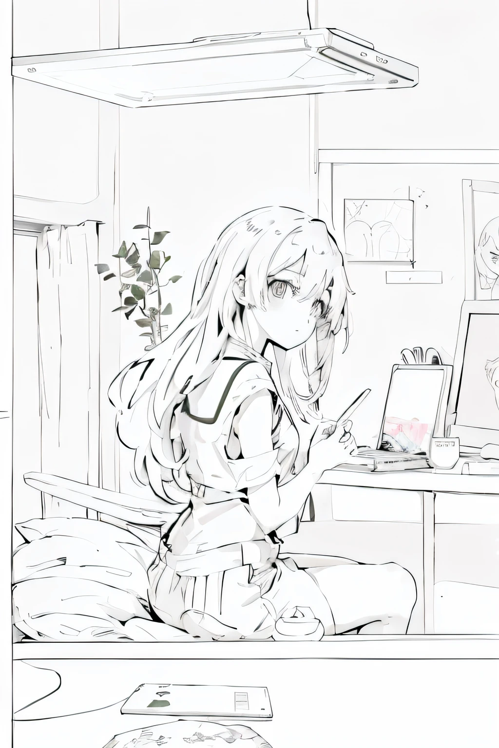 sit on a bed、Anime girl with laptop and plant, anime sketch, Anime style 4k, anime art style, Clean anime silhouette, Digital art on Pixiv, comic artstyle, style of anime, Learn, Anime style painting, Anime style illustration, Pixiv style, style of anime, drawn in anime painter studio, anime drawing, anime shading)