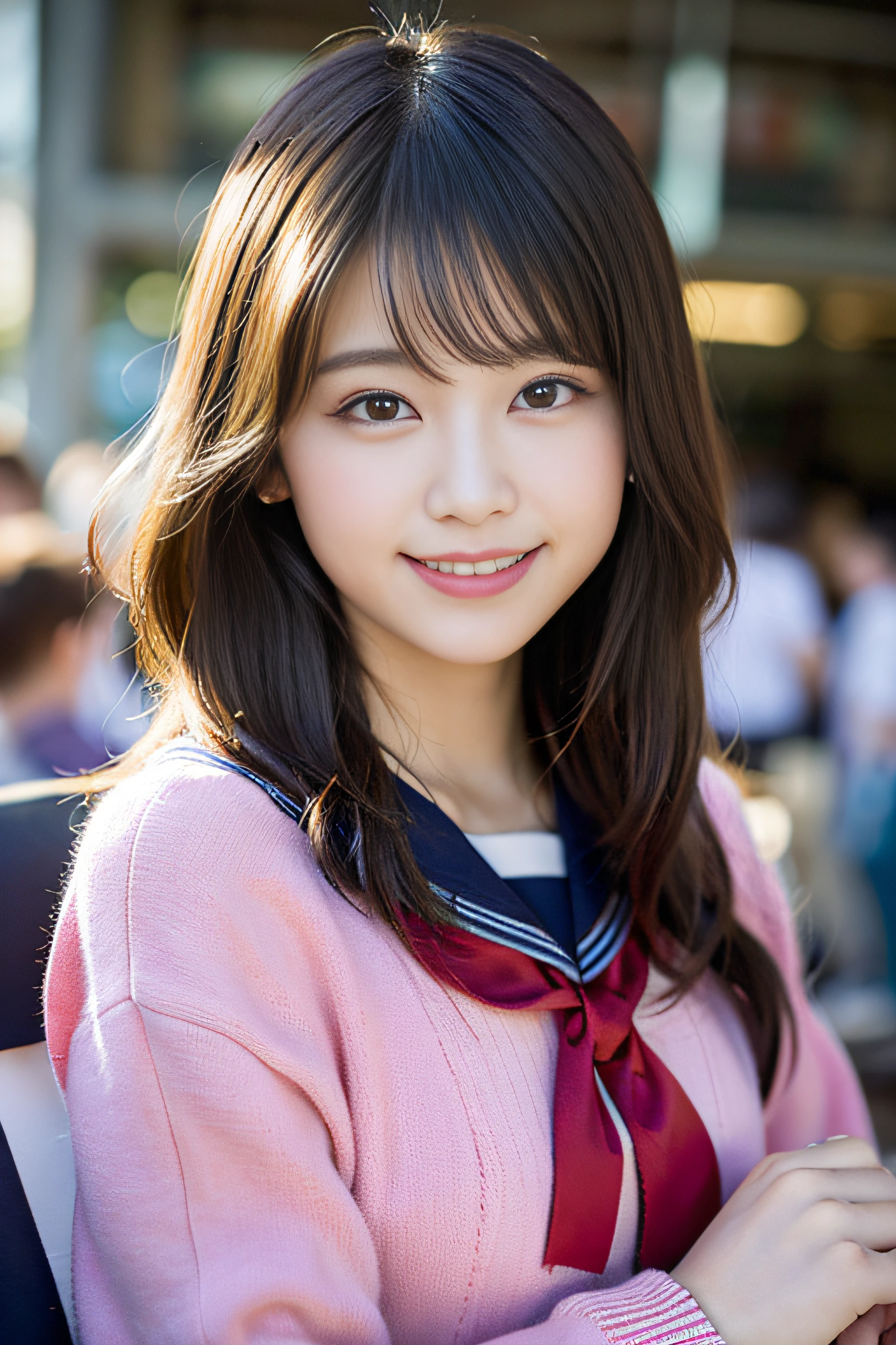 (8K、Raw photography、top-quality、masterpiece:1.2)、(realisitic、Photorealsitic:1.37)、ultra-detailliert、超A high resolution、女の子1人、see the beholder、beautifull detailed face、A smile、Constriction、(Slim waist) :1.3)、Beautiful detailed skin、Skin Texture、Floating hair、Professional Lighting、Whole human body、Longhaire、a blond、japanese hight school uniform、a sailor suit、matriculation、、Bob Hair、E-cup、Happy smile、sixteen years old、Red ribbons、a baby face、Childish smile、Suppin、Moisturizing lips、Thin pink lips、Stadium seats、Sports competitions