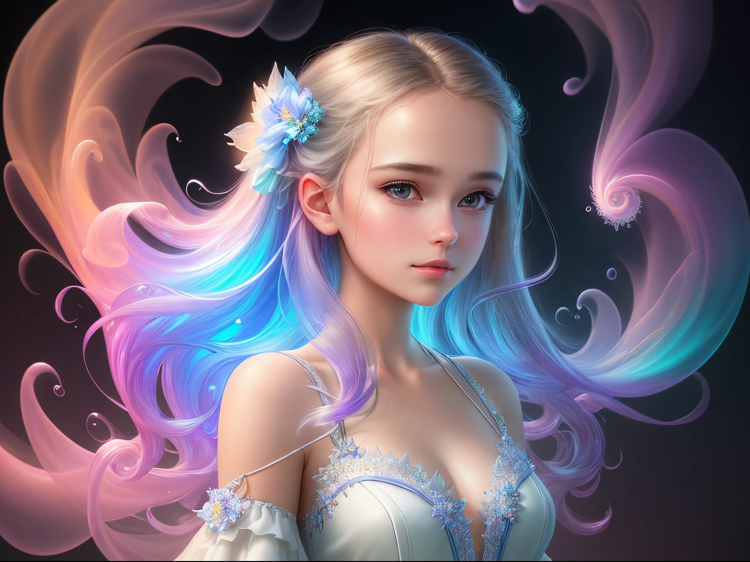 Romantic, Ultra HD, Attractive, Ethereal, Elegant, 1Girl, solo,Teen, Beautiful, Flawless, Angelic, Soft Liquid Rainbow Smoke Background, Wind, Fractal Neon Antimatter Finishes, Very Detailed, Trends on Artstation, Clear Focus, Studio Photos, Intricate Details, Very Detailed, by Artgerm, Thomas Kinkade, Anna Dittmann, Gerhard Richter