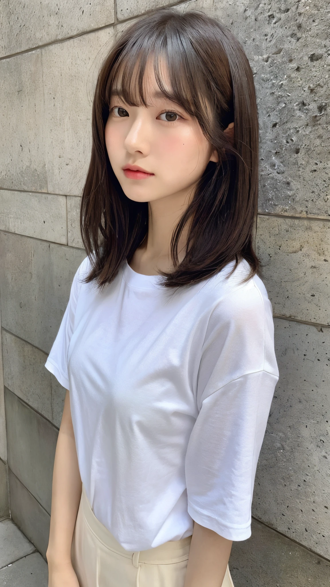 (top-quality、16K resolution)女の子1人、独奏、natural soft light、small tits、A Japanese Lady、Looking at the camera、white t-shirts、Concrete background、Facing the front、is standing、bobhair、Woman in her late teens、Light bangs、short-hair、Salon model、Natural look、portlate、floated hair、Rolled hair