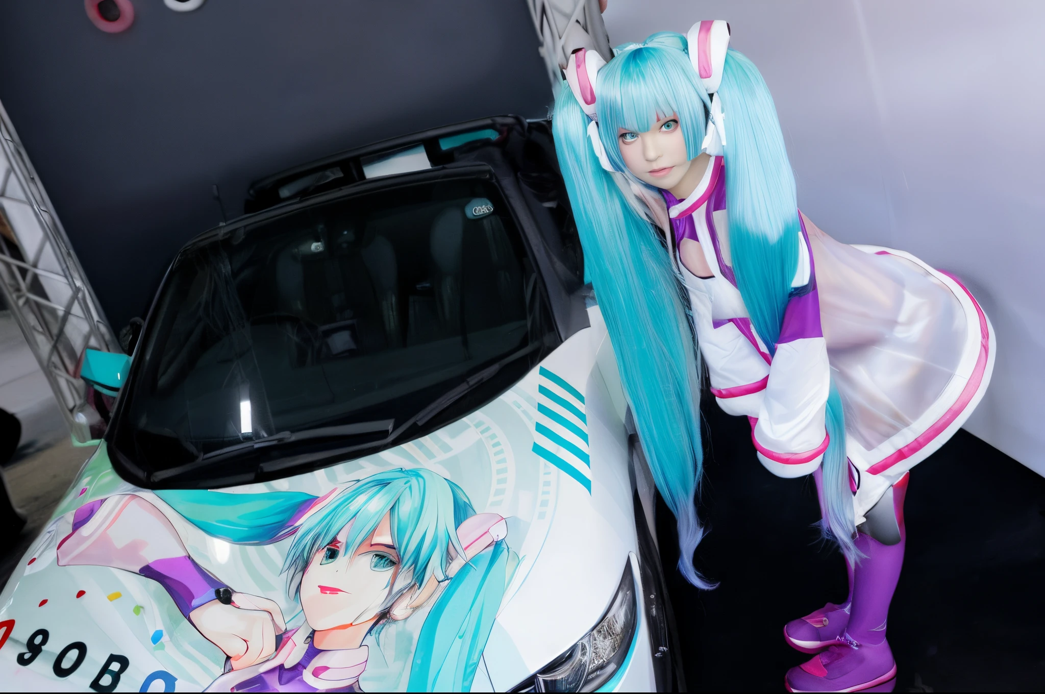 Enako next to the car looking at the camera，