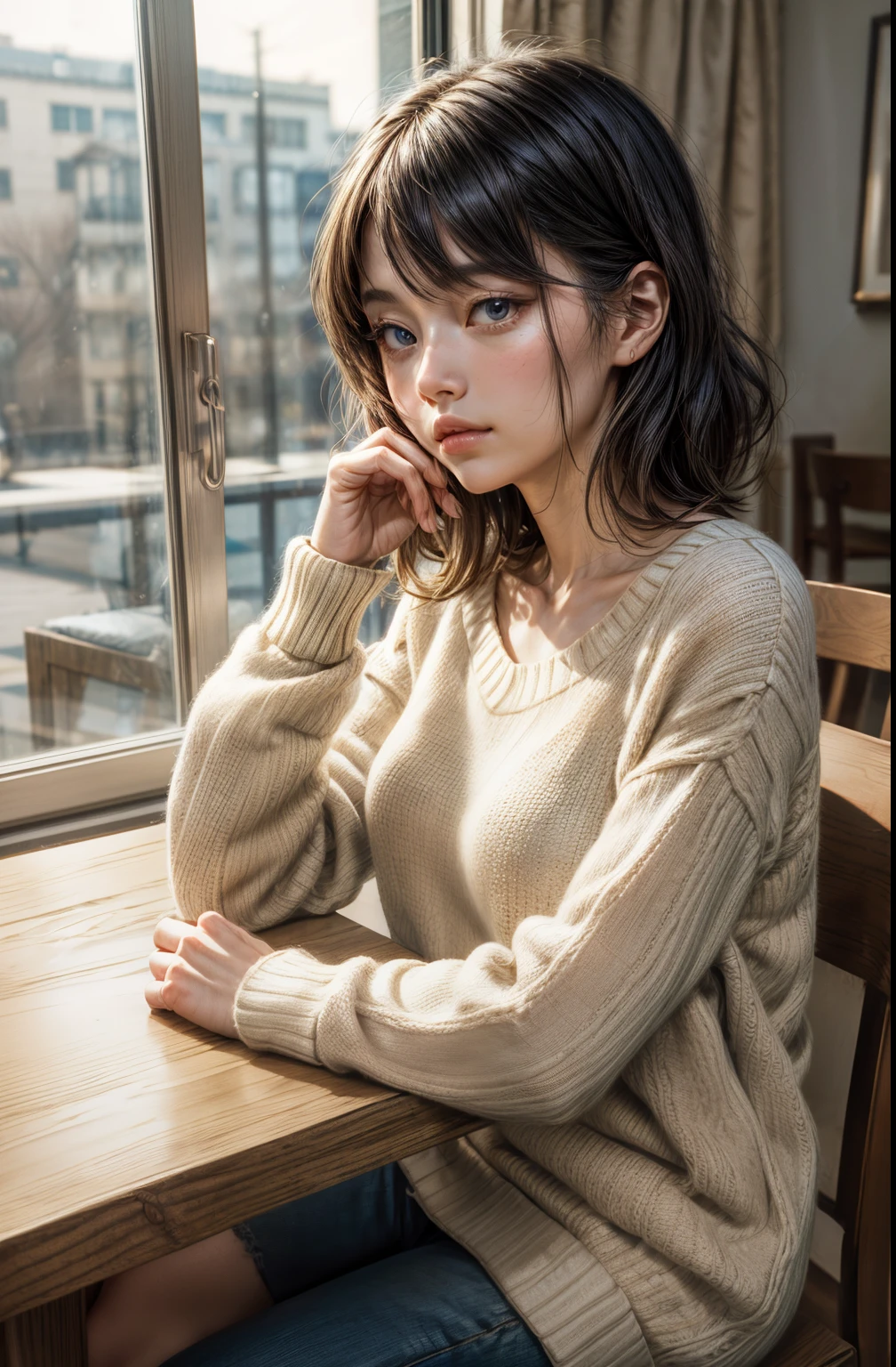 masutepiece, Best Quality, 1girl in, Solo, Medium Hair, window, Sitting, Indoors, The table, sleeves past wrists, cafes, head rest, Closed mouth, Blue sweater, Upper body, (Perfect Anatomy:1.2)