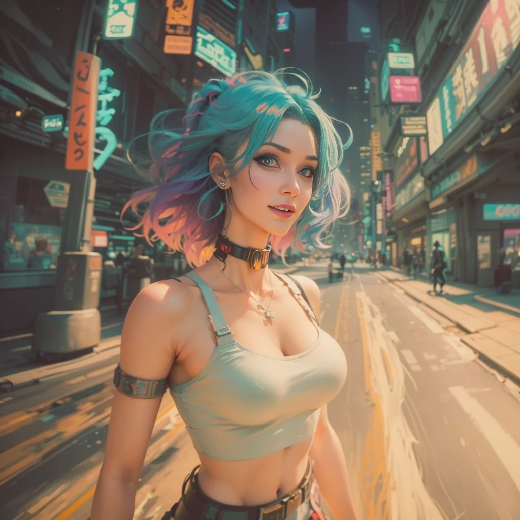 ((cyberpunk girls wearing colorful Harajuku style pop outfit)), ((((fisheye lens)))), cowboy shot, wind, purple hair, ((cyberpunk 2077 cityscape)), (cyberpunk aesthetics and atmosphere:1.3), bright colors, smiling, ((cinematic lighting)