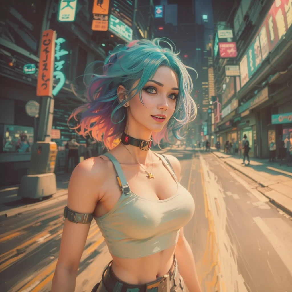 ((cyberpunk girls wearing colorful Harajuku style pop outfit)), ((((fisheye lens)))), cowboy shot, wind, purple hair, ((cyberpunk 2077 cityscape)), (cyberpunk aesthetics and atmosphere:1.3), bright colors, smiling, ((cinematic lighting)