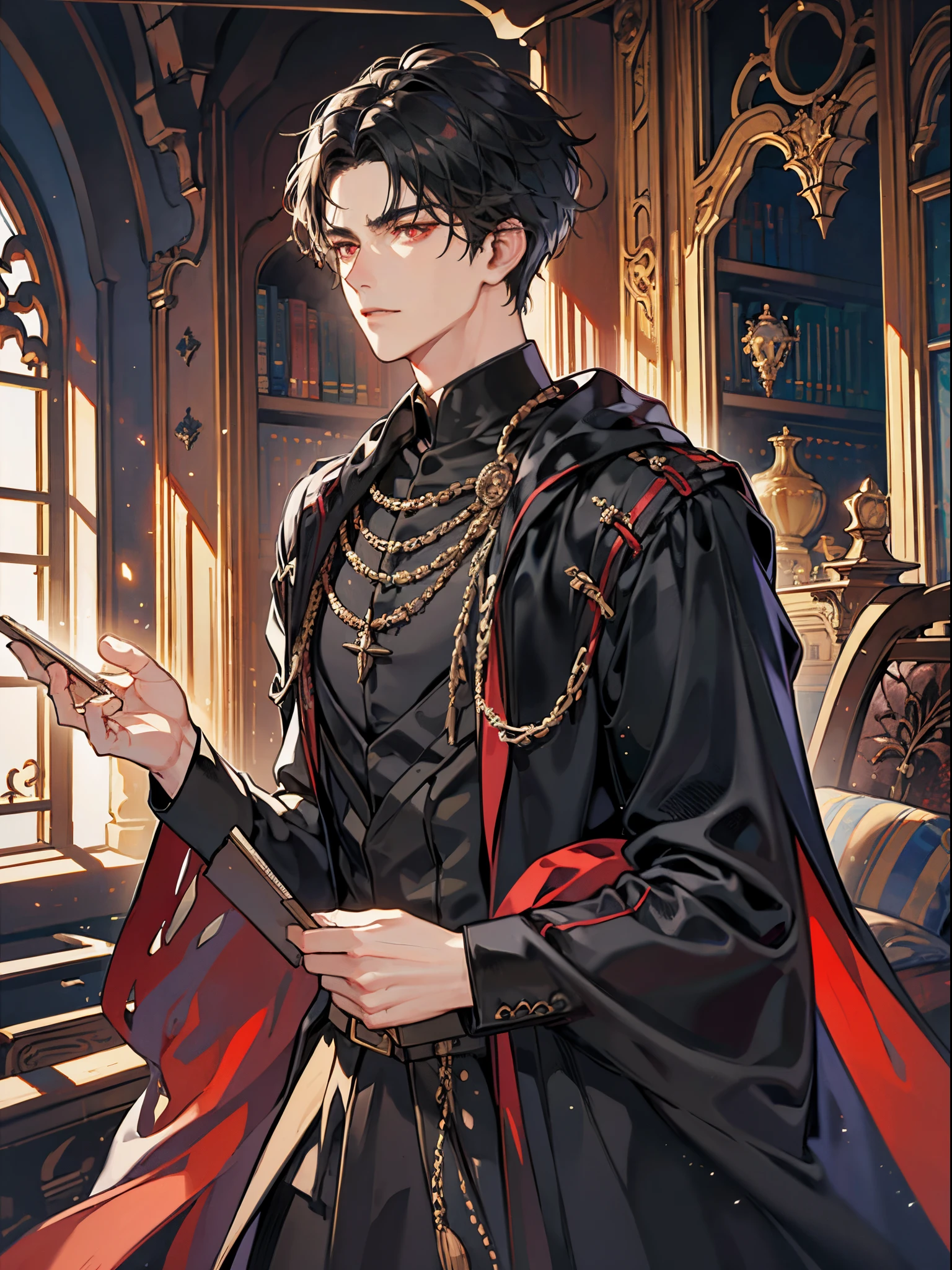 1 male, adult, adult face, short messy black hair , handsome, dark red eyes, condescending, arrogant, royalty, close up, calm, in medieval castle, library