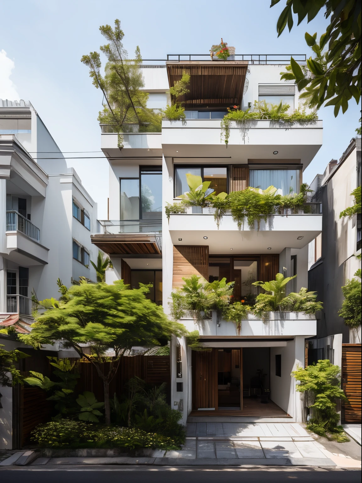 RAW photo, Masterpiece, high quality, best quality, realistic, super detailed, exterior, outdoor, townhouse, located in the city, (white wall :1.4), glass windows, (gray roof :1.1), decorative tiles on small wall, , trees, beautiful sky, grass, stone walkway, view from height (date:1.1), vivid colors, vray, (sunlight sky:1.1), decorative wooden paneling, wooden door frame, flower bed in front of the house