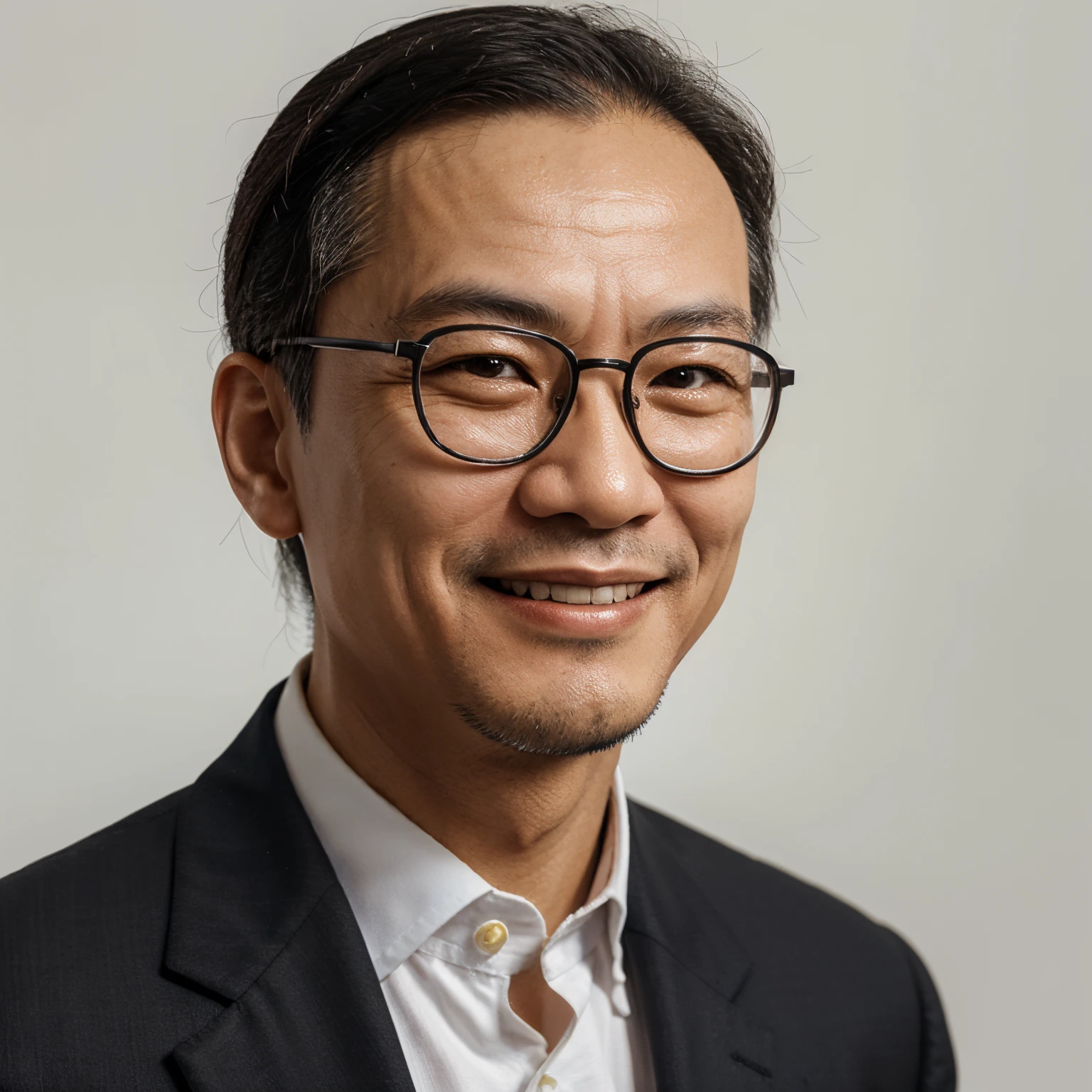 Close-up of a smiling middle-aged Chinese man wearing a black suit，Wear glasses on a white background，Looking directly at