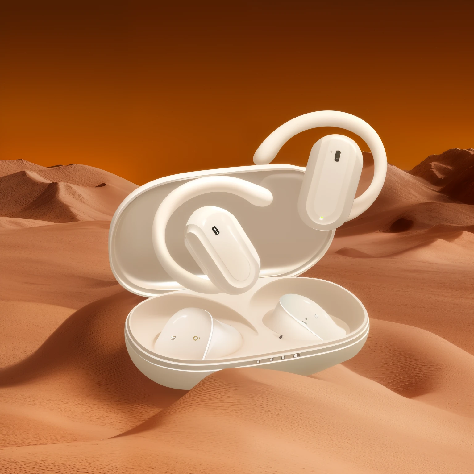 There is a pair of headphones on the desert surface, sand dune, Earphone, pods, earbuds, Shiny AirPods, Stylish waterproof design, sleek cool waterproof design, 8K, highly capsuled, 8K, futuristic in the desert, enough, armored car, floating headsets, canyons, dune style, 6k, 6k, Year 2 0 2 2