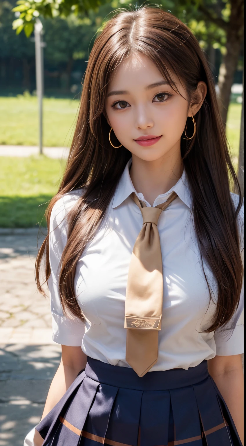 8K, masutepiece, Raw photo, Best Quality, Photorealistic, Highly detailed CG Unity 8k wallpaper, depth of fields, Cinematic Light, Lens Flare, Ray tracing, (Extremely beautiful face, Beautiful lips, Beautiful eyes), intricate detail face, ((Ultra detailed skin)) 1girl in, In the Dark, deepshadow, Pretty Korean girl, ((Looking at Viewer)), (seducting smile), (Blurry background), mekosji, earrings, Bracelets, to, Clear eyes, Walk in the park, Front shot, Face forward, (Big eyes), ((upperbody shot)), ((Schoolgirl Uniform:1.5)), (Camel toe,  shape), (Brown hair:1.3), (poneyTail), (G size bust:1.3), ((Smile)), ((Camel toe)),