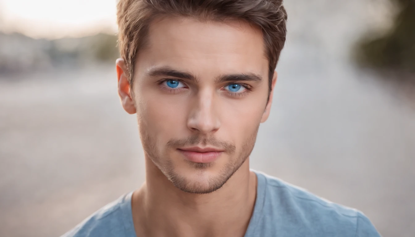 Blue-eyed Arafad man looking at camera, blue-eyed man, beautiful male face, handsome attractive face, young man with beautiful face, perfect handsome face, handsome face and beautiful face, cool guy, Portrait of a beautiful young man, beautiful young, Handsome and delicate face, Handsome face, attractive male, head and shoulder shot, with bright blue eyes,Stand on the bustling streets,Full body photo,Generate 4 different actions respectively