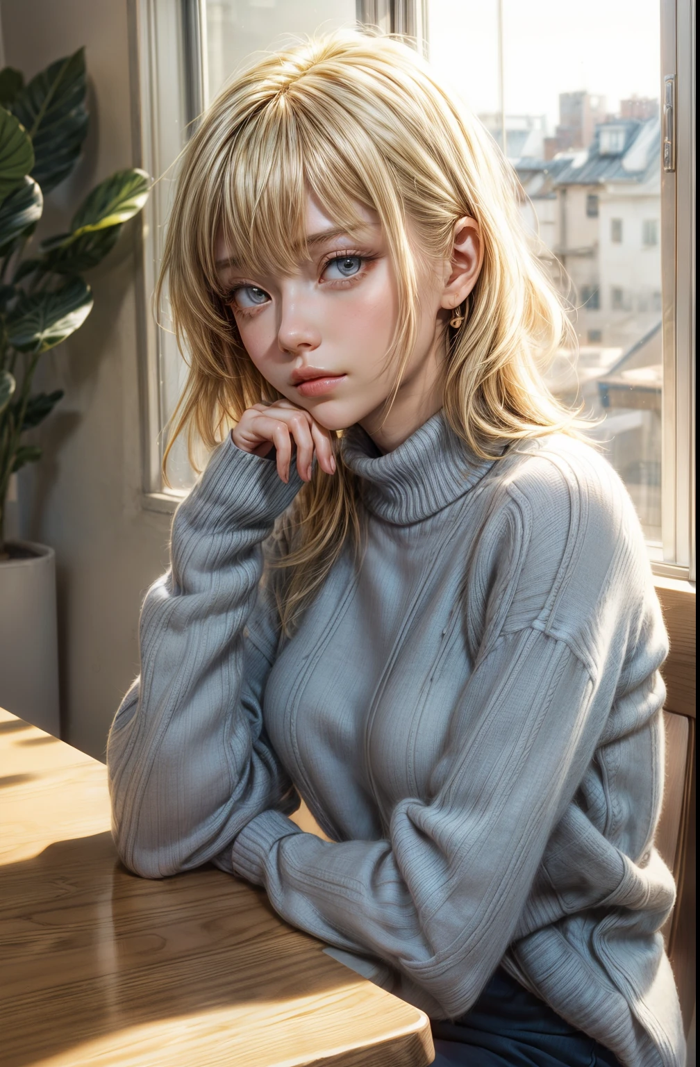 masutepiece, Best Quality, 1girl in, Solo, Medium Hair, blondehair, window, Sitting, Indoors, The table, sleeves past wrists, cafes, head rest, Closed mouth, Blue sweater, Upper body, (Perfect Anatomy:1.2)
