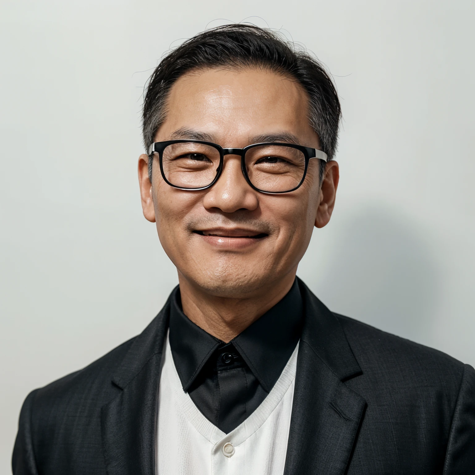 Close-up of a smiling middle-aged Chinese man wearing a black suit，Wear glasses on a white background，Looking directly at