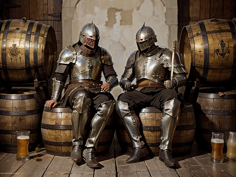 Medieval (knights) in Armor are sleeping in empty beer barrels, medieval painting