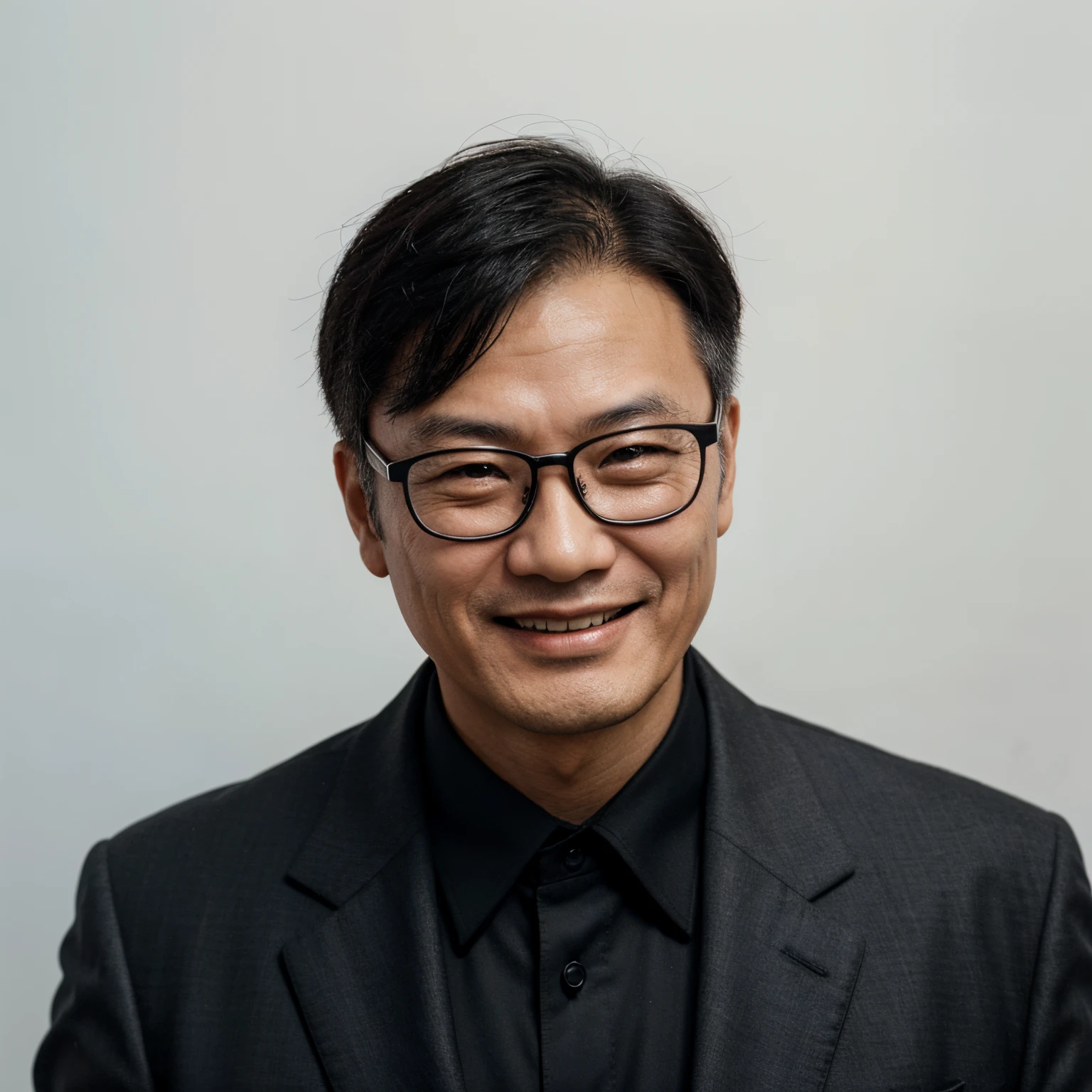 Close-up of a smiling middle-aged Chinese man wearing a black suit，Wear glasses on a white background，Looking directly at