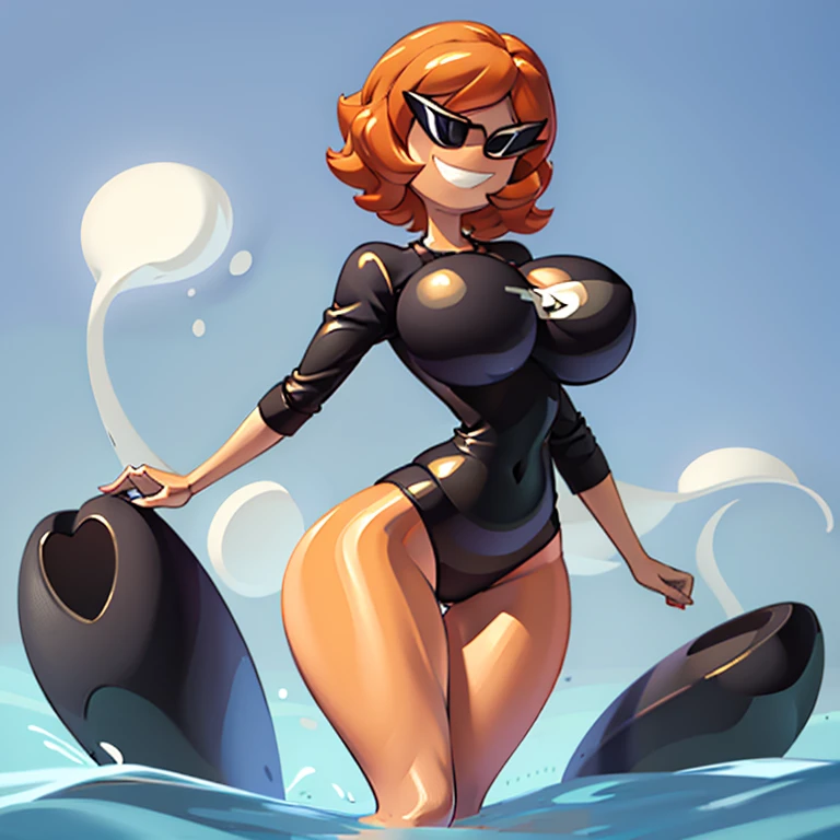 1girl, solo, sunnymiamitf, huge breasts, narrow waist, wide hips, Sunglasses, teeth, straight hair, short hair, orange hair, black one-piece swimsuit