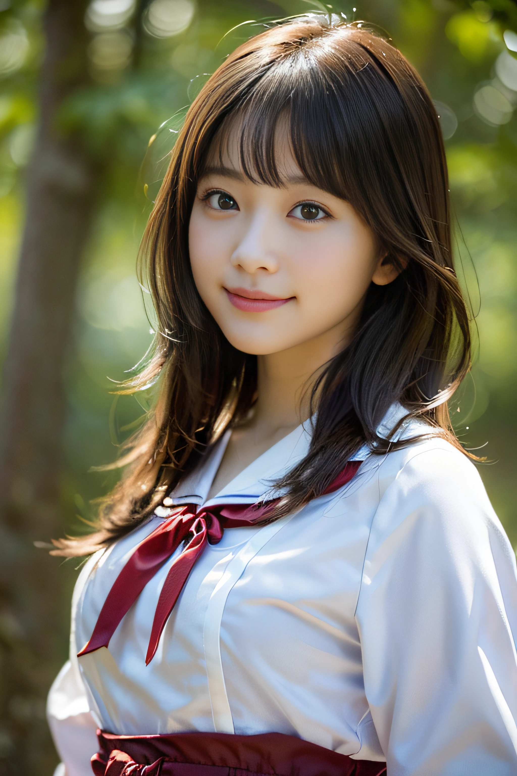 (8K、Raw photography、top-quality、masterpiece:1.2)、(realisitic、Photorealsitic:1.37)、ultra-detailliert、超A high resolution、女の子1人、see the beholder、beautifull detailed face、A smile、Constriction、(Slim waist) :1.3)、Beautiful detailed skin、Skin Texture、Floating hair、Professional Lighting、Whole human body、japanese hight school uniform、a sailor suit、Twin Hairstyles、E-cup、Happy smile、、Red ribbons、in woods、Tree of the Rising Sun々Sunlight passing through、Deities々Shikai、Hair fluttering in the wind、the wind