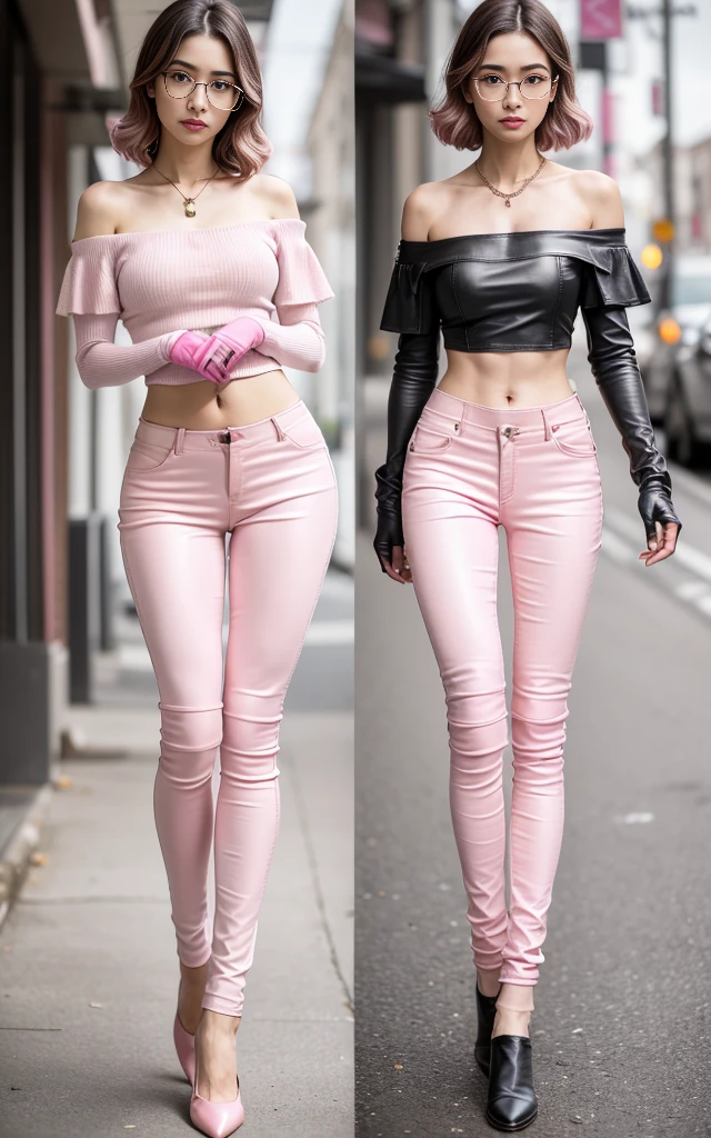 (8K, Masterpiece, RAW photo, Best quality, detail:1.3), (ultra realistic:1.4, scenary, 8K), Depth of field, Cinematic light, (ultra realistic face), (1 solo ultra skinny girl:1.7), (Beautiful and elegant girl), (tight skinny pants:1.6), (girl with glasses), (latina face:1.5), (natural abs), (full body:1.5), (off-shoulder tight minitop:1.4), (small necklace, collarbone:1.1), (ultra detailed skin:1.3), (tight small gloves:1.2), (leather pink skinny pants:1.6), (complete standing pose:1.2), (pink skinny pants:1.6), (ultra realistic skin:1.5)