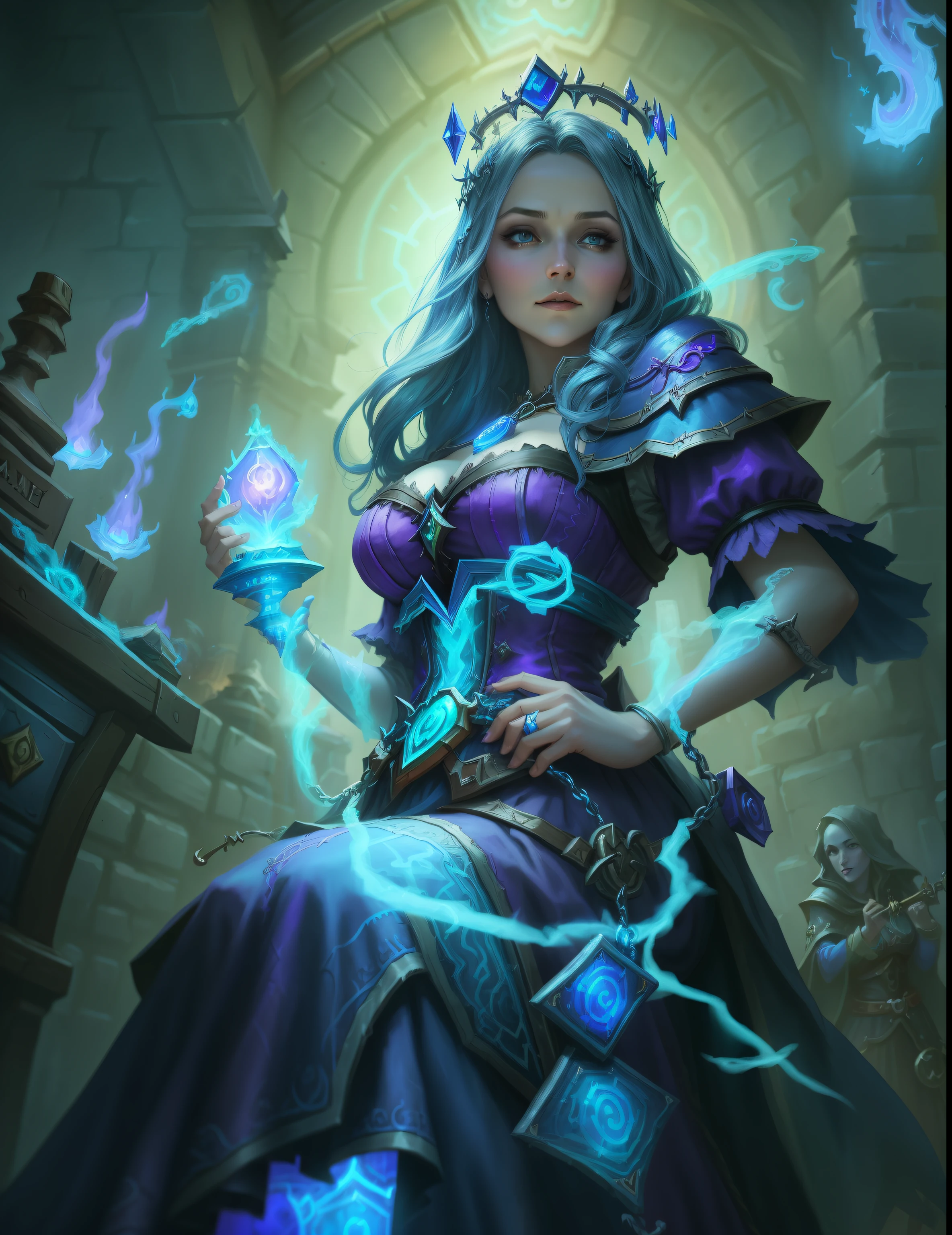 Woman in purple dress holding blue light, necromancer sorceress, Female mage casting spell, Hearthstone Card Art, Hearthstone card art, Drawn in mysterious style, Fantasy Hearthstone art style, hag, hearthstone art, Hearthstone card game artwork. ”, Hearthstone card game artwork, From Hearthstone, Astrie Lohne
