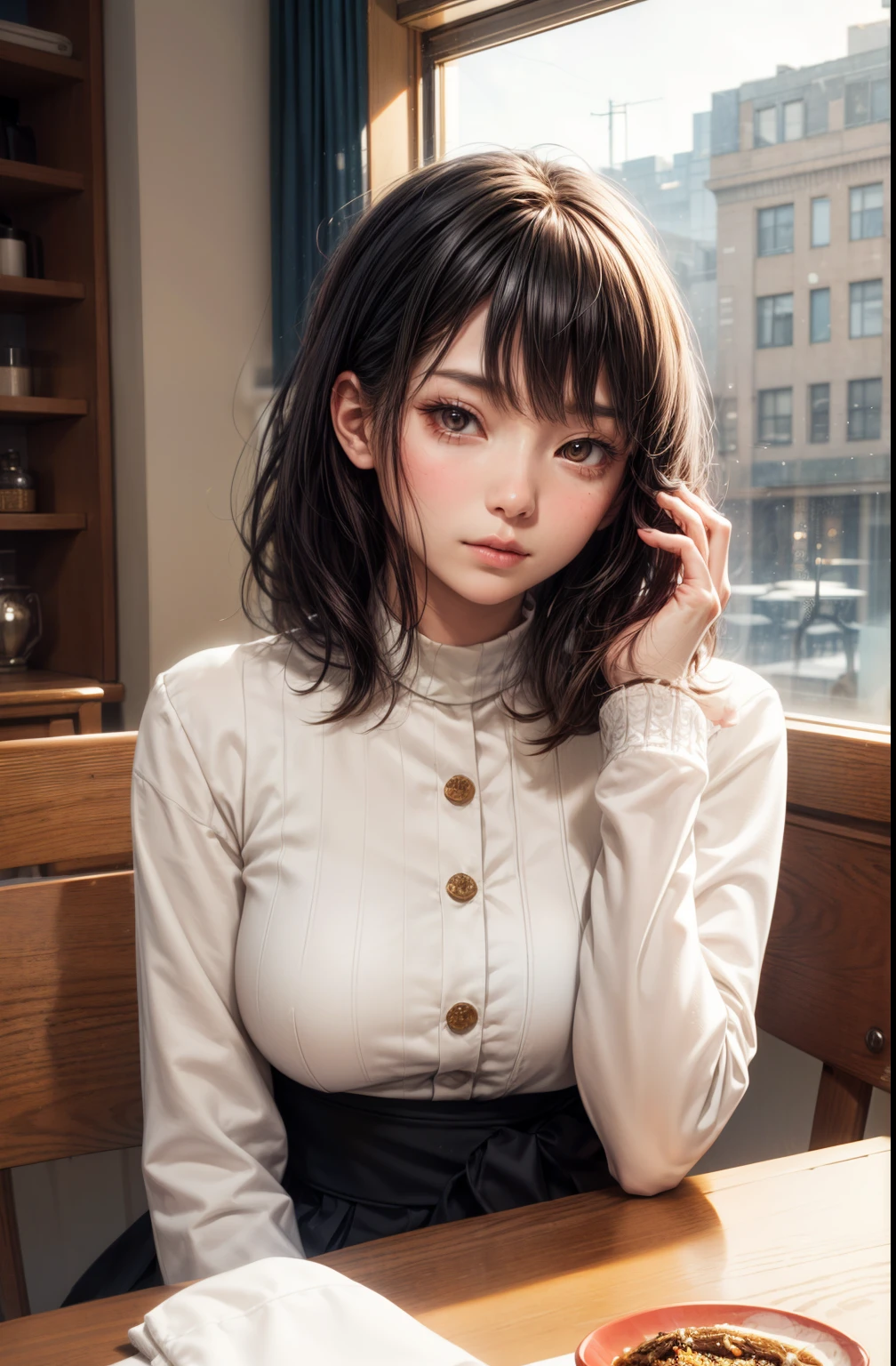 masutepiece, Best Quality, 1girl in, Solo, Medium Hair, window, Sitting, Indoors, The table, sleeves past wrists, cafes, head rest, Closed mouth, Winter Fashion, Upper body, (Perfect Anatomy:1.2)