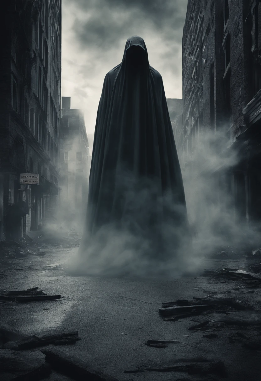 horror scene from a movie, many giant tall scary ghost figures semi transparent apparitions floating and flying, smoke on the floor,  in city street, busy crowd running away