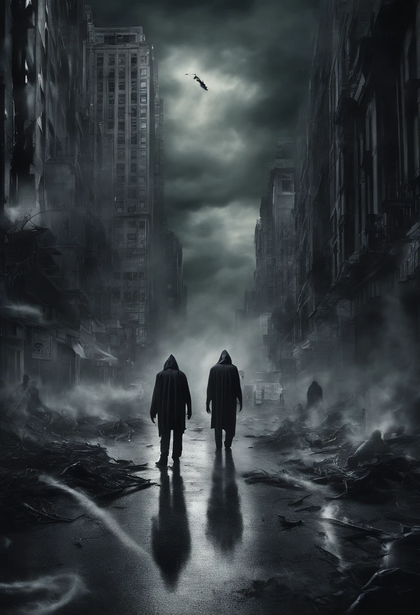 horror scene from a movie, many giant tall scary ghost figures semi transparent apparitions floating and flying, smoke on the floor, in city street, busy crowd running away