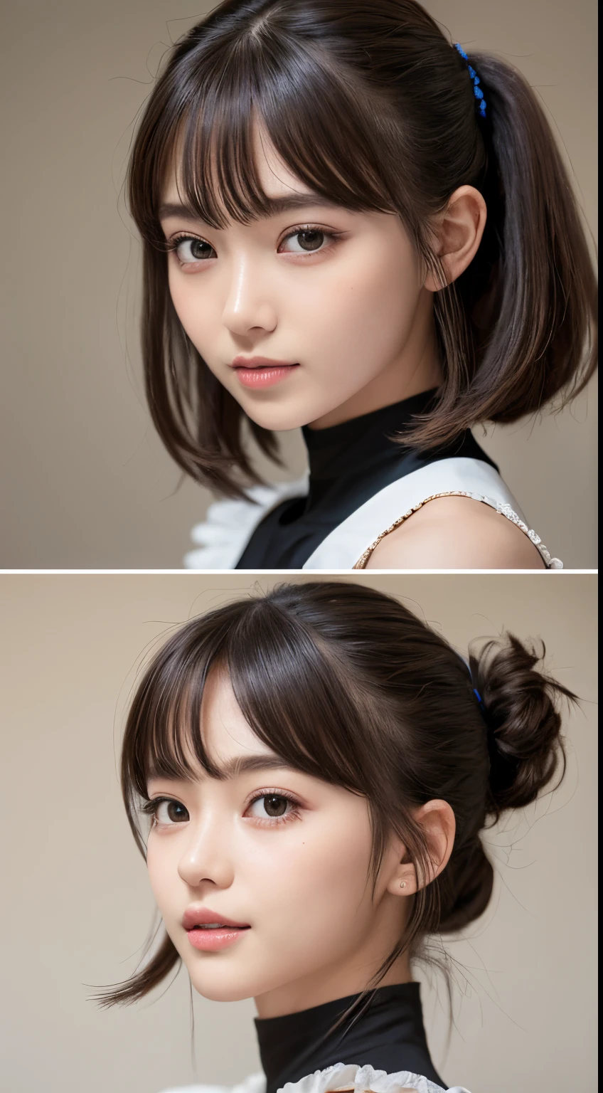 Masterpiece、​masterpiece、1 girl per 1 photo、cowboy  shot、Straight front view、japanes、Very young pretty woman、(The cutest girl in the world)、12year old、large full breasts、cleavage of the breast、Wearing a cute black maid outfit with short sleeves silky satin、Ultra-detailed costumes、Smiling in a café、Headdress with black ribbon、scrunchie、a black choker、Glamorous figure、hyper cute face、shiny lip、Double eyelids in both eyes、 natural make up、long eyeslashes、Shiny smooth light brown hair、bangss、short twin tail hair、asymmetrical bangs、image in center、8K分辨率、high détails、Detailed hairstyles、A detailed face、spectacular movie lighting、octane renderings、with a vibrant、Ultra-realistic、Perfect limbs、perfect anatomia