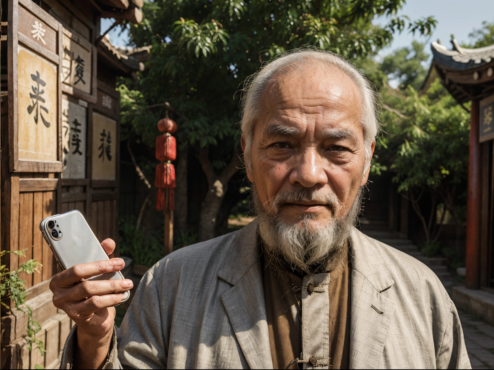 An old man with traditional Chinese thoughts,Real frontal photos,Authentic background,The background is nature,holding a smartphone,worn-out clothing,The face is covered with wrinkles,80-year-old Chinese medicine practitioner,insight,The beard has turned white,male people,country style,Keep your head empty