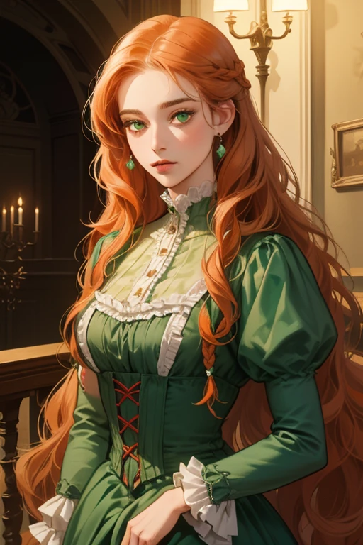 masterpiece, best quality, realistic, 1woman, mature female, beautiful, 25 years old, extremely detailed face, ((green eyes)), ((long red-orange wavy braided hair)), , citizen, ((Dressed in a green victorian dress)), cinematic lighting, looking at the audience, posture dynamics, Victorian era, detailed eyes, detailed face, high quality image,