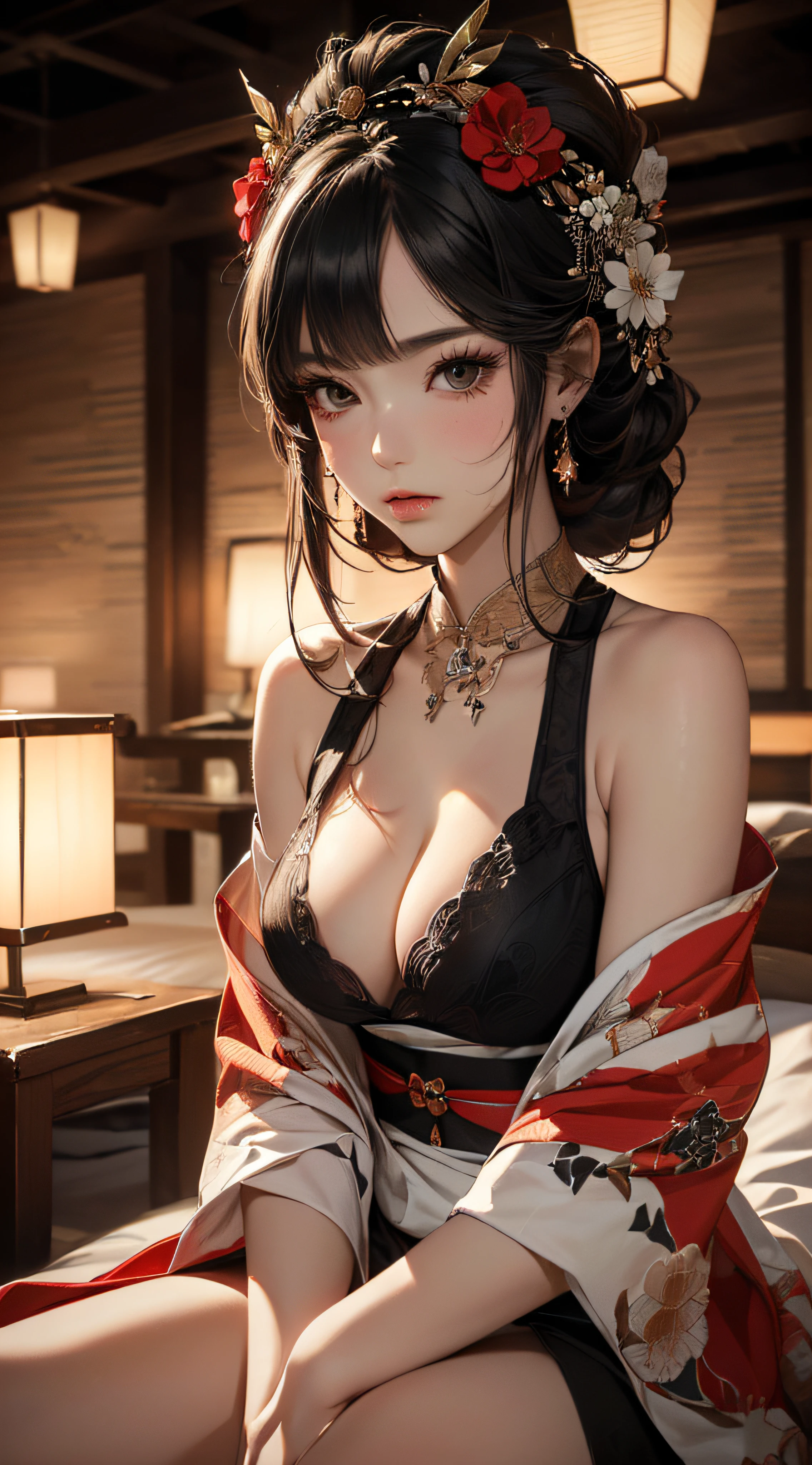(((8k wallpaper of extremely detailed CG unit, masterpiece, 超A high resolution:1.2, top-quality:1.2, masutepiece, textures and maximum detail))), ((extremely beautiful lady, A dark-haired, Small, de pele branca, White kimono and red belt:1.2, sitting on), ((The best lighting, extremely detailed beautiful face, Highly detailed black eyes, Very beautiful body, Top quality real texture skins)), (Exposed cleavage, Exposed legs), paper lanterns:1.2, hyper realisitic, digitial painting,