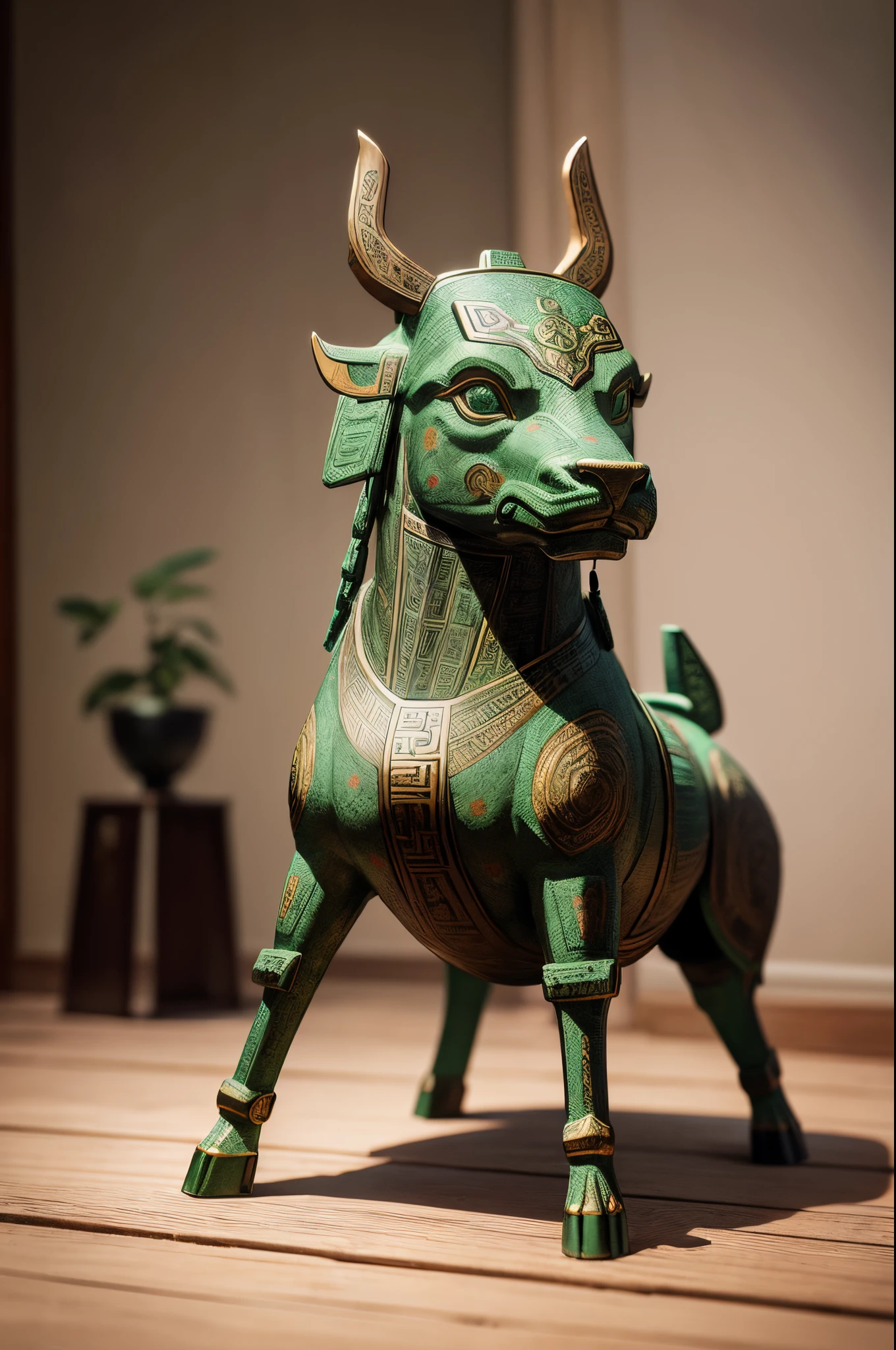 （A square tripod made of bronze is placed on an old wooden table：1.2),Chinese Shang Dynasty bronzes，Square bronze four-legged tripod，Houmu Pending，Green，massiness，Decorated with ornate Taotie patterns，Gorgeous Chinese style texture，（Cinematic texture：1.5），in real environment,8K