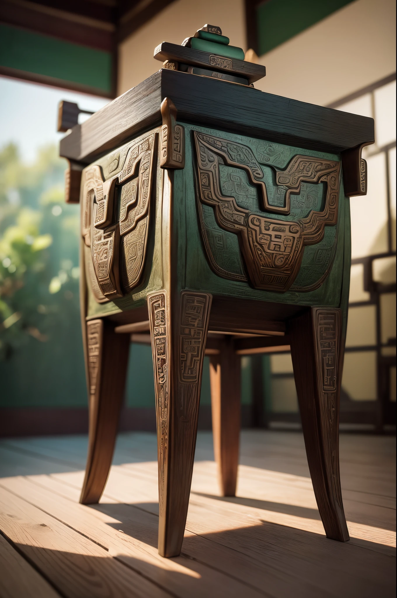 （A square tripod made of bronze is placed on an old wooden table：1.2),Chinese Shang Dynasty bronzes，Square bronze four-legged tripod，Houmu Pending，Green，massiness，Decorated with ornate Taotie patterns，Gorgeous Chinese style texture，（Cinematic texture：1.5），in real environment,8K