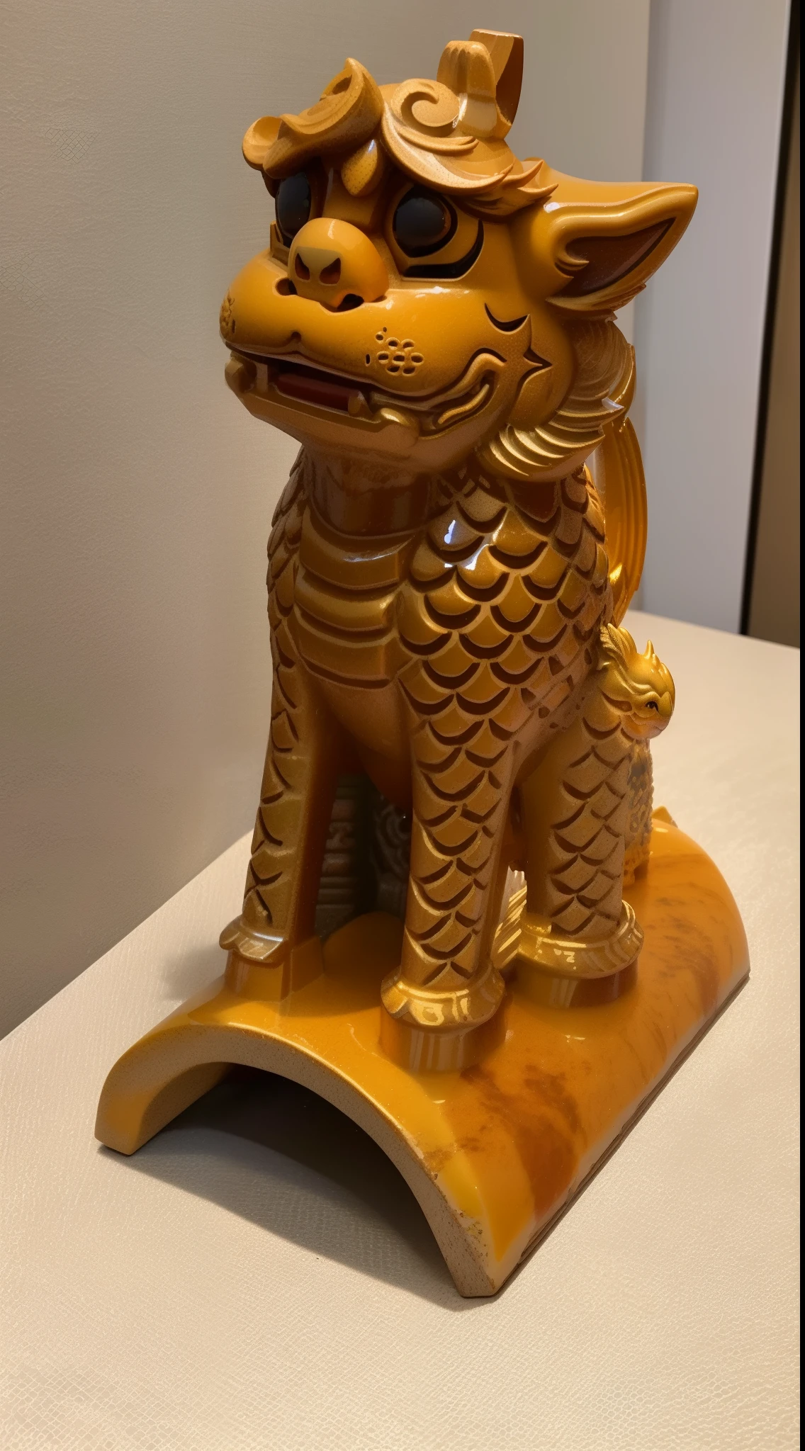 There is a sculpture of the mythical beast Haechi on the table, Cute animal shaped statue, ceramic statue, This is,yellow ceramic glaze,museum artifact, Museum collections are well preserved, ancient chinese ornate, Chinese art, smooth chinese dragon,a unicorn