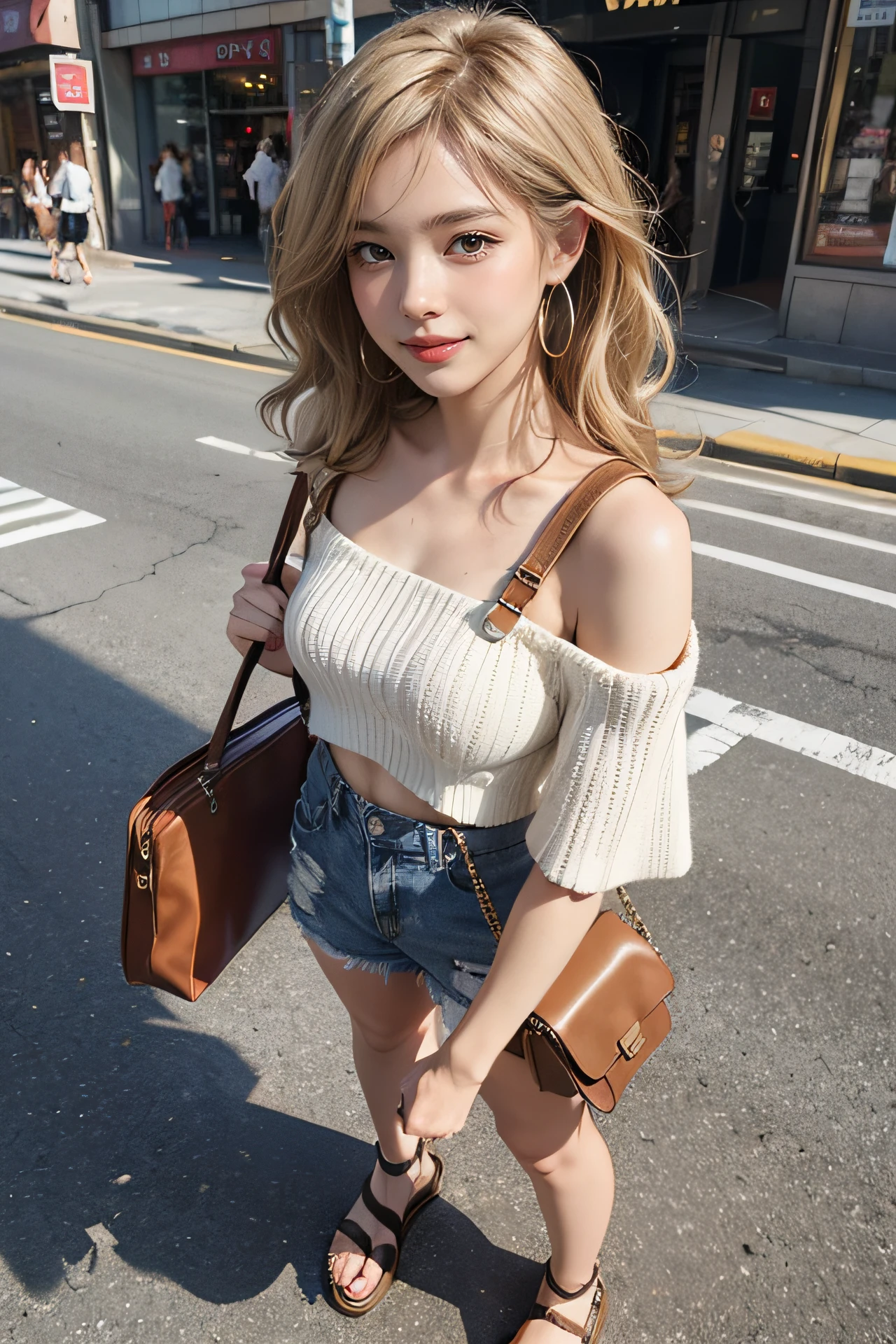 ((Girls Rock! magazine cover:1.4)),(best quality,4k,8k,highres,masterpiece:1.2),ultra-detailed,(realistic,photorealistic,photo-realistic:1.37),short Loose beach waves Hairstyle, (sun-kissed blonde) hair color, (light bronze) eyeshadow, (coral) lip color, (white) off-shoulder knit, (light wash) ripped small shorts, (beige) strappy sandals. Accessories are (gold) hoop earrings, (brown) leather crossbody bag, (brown) tortoise shell sunglasses. The background is walking down the streets of Shibuya, surrounded by tall buildings, trendy cafes, and shops. smile