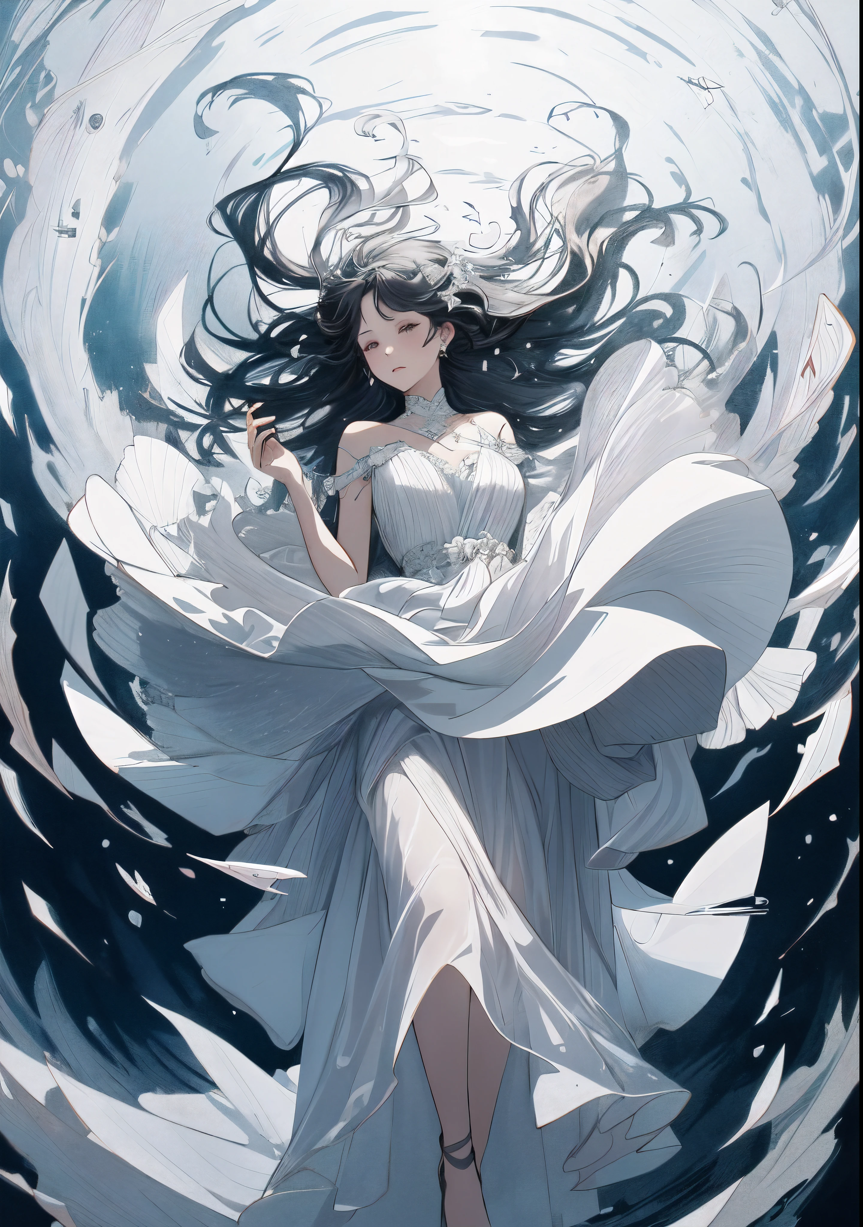 a drawing of a woman wearing very long dress, extremely fine ink lineart, loli in dress, floating in perfume, dramatic floating pose, official illustration, elegant floating pose, inky illustration, dramatic magic floating pose, colorless, floating drowned, charlie bowater art style, she is floating in the air, clothes floating, black and white sketch