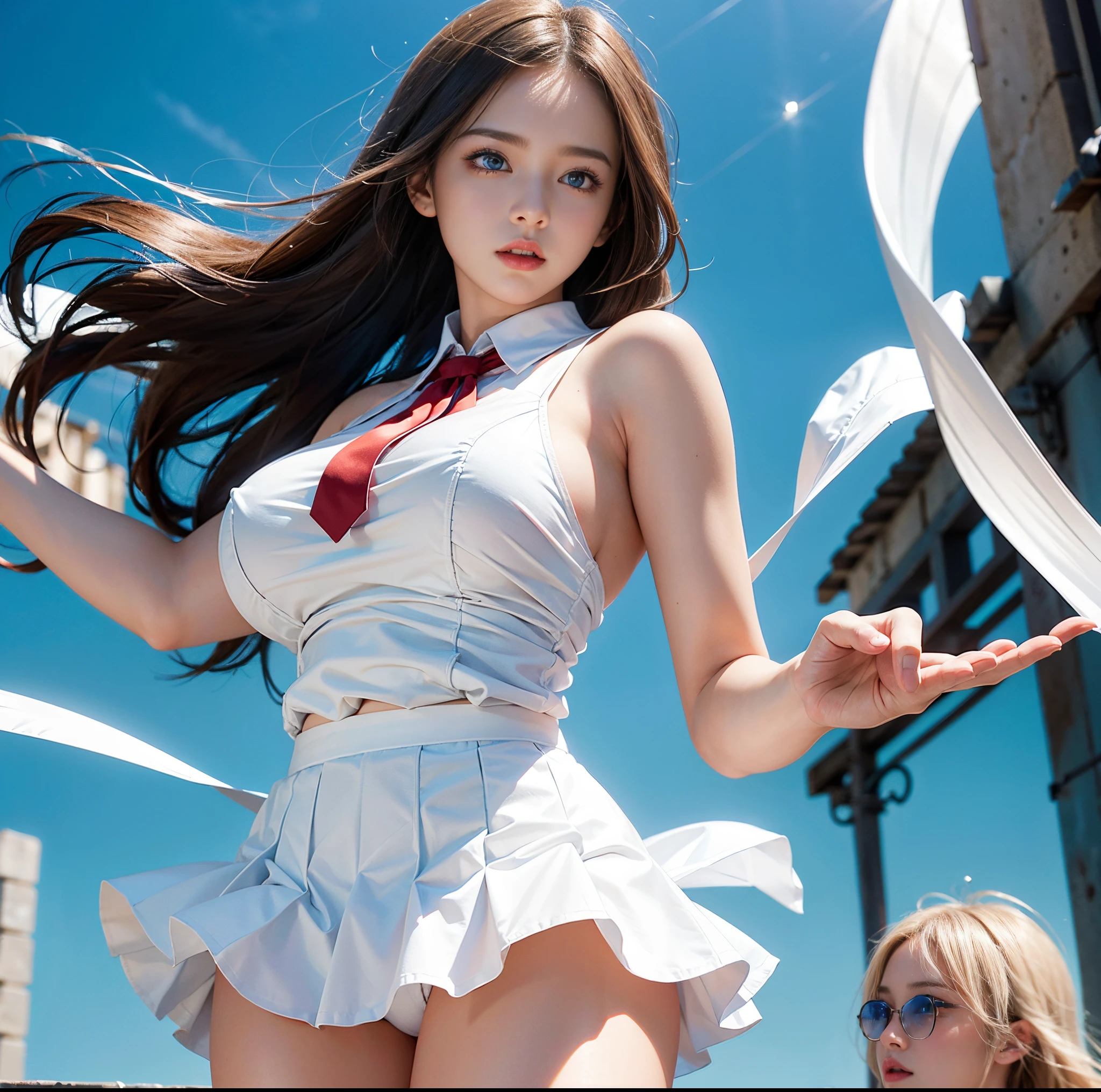 top-quality, 8K picture quality, masterpiece, Professional lighting without shadows, A hyper-realistic, perfect anatomia, Two girls, (with perfect body、Colossal breasts with tension:1.2), Evenly whitens bright skin, (Plump red tear bags and bright and beautiful blue eyes reflect a lot of light:1.2)、 Schoolgirl uniform with crimson ribbon tie、Dress up with a tight blouse made of ultra-thin white fabric that doesn't expose the skin of your upper body and an ultra-short ultra-mini pleated skirt.., (Her skirt is too short and she has white panties、Or you can see my butt:1.3), (Proudly showing off her taut huge breasts from the front through her blouse:1.2), Another girl on the other side shows off her big ass from behind,