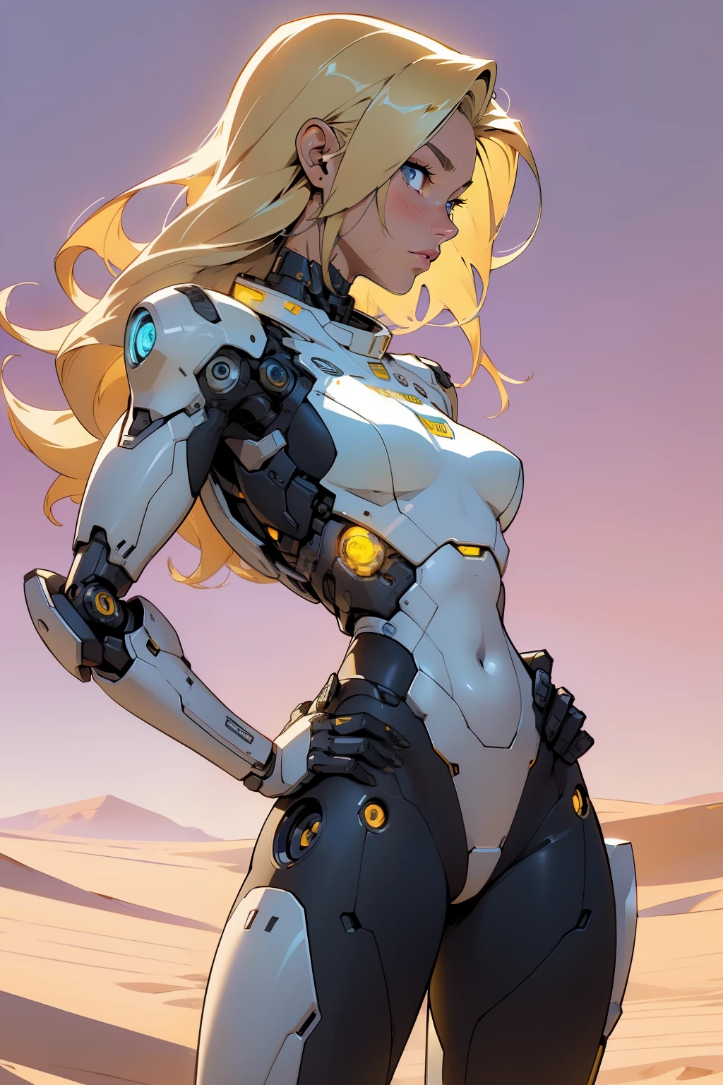 high quality, 4k, masterpiece, beautiful, cyborg girl, cowboy shot, clear eyes, side view, turning around to look at viewer, long blonde hair, girl, small breasts, fit thigh, robotic arms, robotic body, cyborg body, yellow accent, redaccent, intricate detail, joint, detailed lines, robotic detail, hand on hip, color robotic parts, robotic parts with color, perfect fingers, on a desert planet, sunny background, colorful desert,