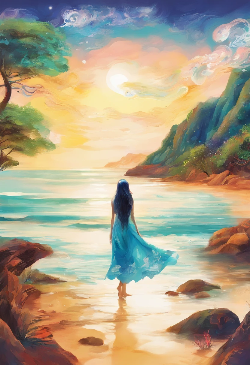 Illustration 1：This illustration shows the stunning scenery of Beihai Silver Beach。On screen，Silvery white sandy beach shines in the sun，The sparkling sea and blue sky meet in the distance，Forming a peaceful and beautiful seaside scenery。

Illustration 2：In this painting，A person standing on the beach，Wear light clothes，Long hair flutters in the wind，Staring at the vast sea。The figure is depicted in a contemplative pose，Seems to be thinking about the mysteries of life and nature。

Illustration 3：This illustration uses the double exposure technique，Creates a fantastic visual effect。The figures in the painting overlap with the outlines of the ocean landscape，forming an image that is both real and surreal，Emphasizes the close connection between man and nature。

Illustration 4：In this painting，The character&#39;s body begins to become ，And gradually merged with the real ocean scenery。This fusion symbolizes the harmonious coexistence of man and nature，Showing the seamless connection between beauty and nature。