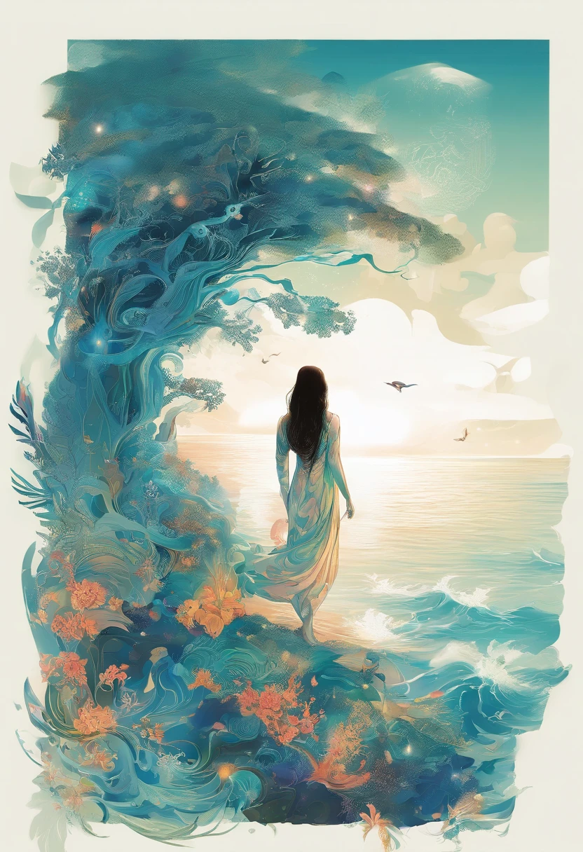 Illustration 1:This illustration shows the stunning scenery of Beihai Silver Beach。On screen,Silvery white sandy beach shines in the sun,The sparkling sea and blue sky meet in the distance,Forming a peaceful and beautiful seaside scenery。
Illustration 2:In this painting,A person standing on the beach,Wear light clothes,Long hair flutters in the wind,Staring at the vast sea。The figure is depicted in a contemplative pose,Seems to be thinking about the mysteries of life and nature。
Illustration 3:This illustration uses the double exposure technique,Creates a fantastic visual effect。The figures in the painting overlap with the outlines of the ocean landscape,forming an image that is both real and surreal,Emphasizes the close connection between man and nature。
Illustration 4:In this painting,The character's body begins to become transparent,And gradually merged with the real ocean scenery。This fusion symbolizes the harmonious coexistence of man and nature,Showing the seamless connection between beauty and nature。