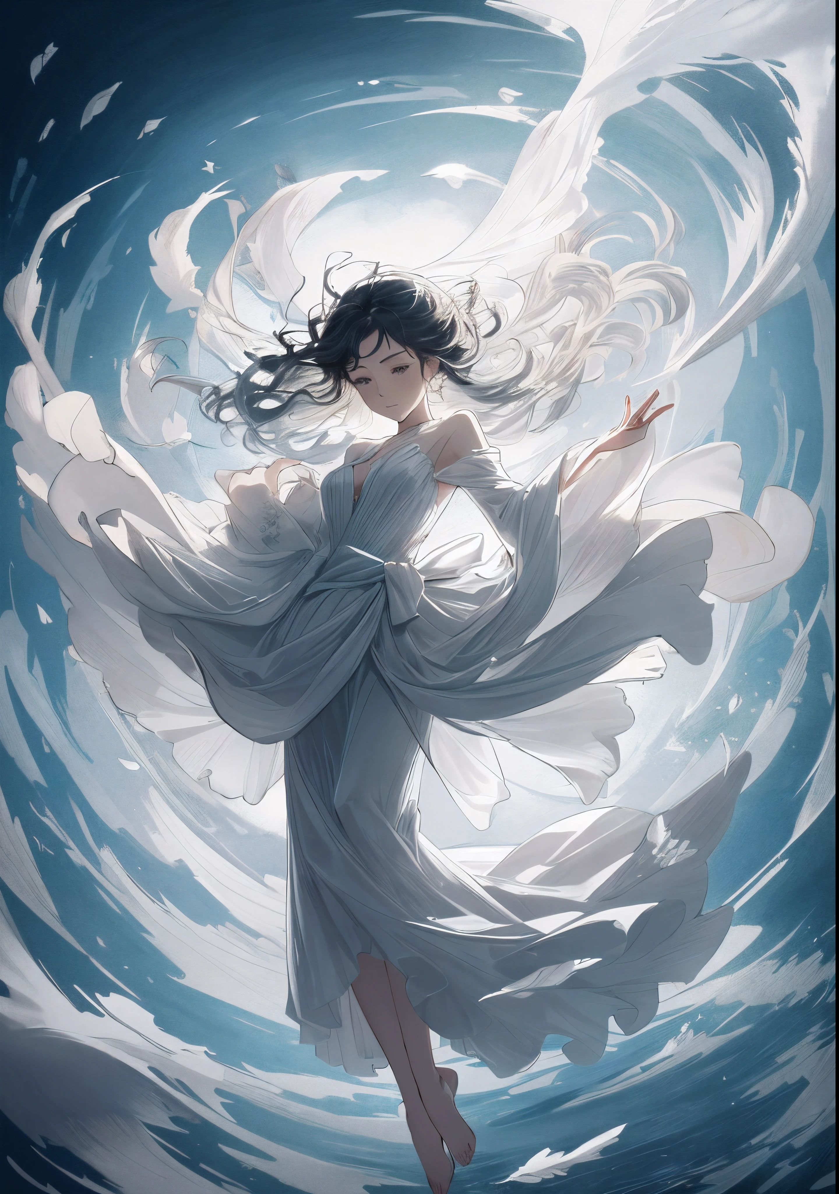 a drawing of a woman wearing very long dress, extremely fine ink lineart, loli in dress, floating in perfume, dramatic floating pose, official illustration, elegant floating pose, inky illustration, dramatic magic floating pose, colorless, floating drowned, charlie bowater art style, she is floating in the air, clothes floating, black and white sketch