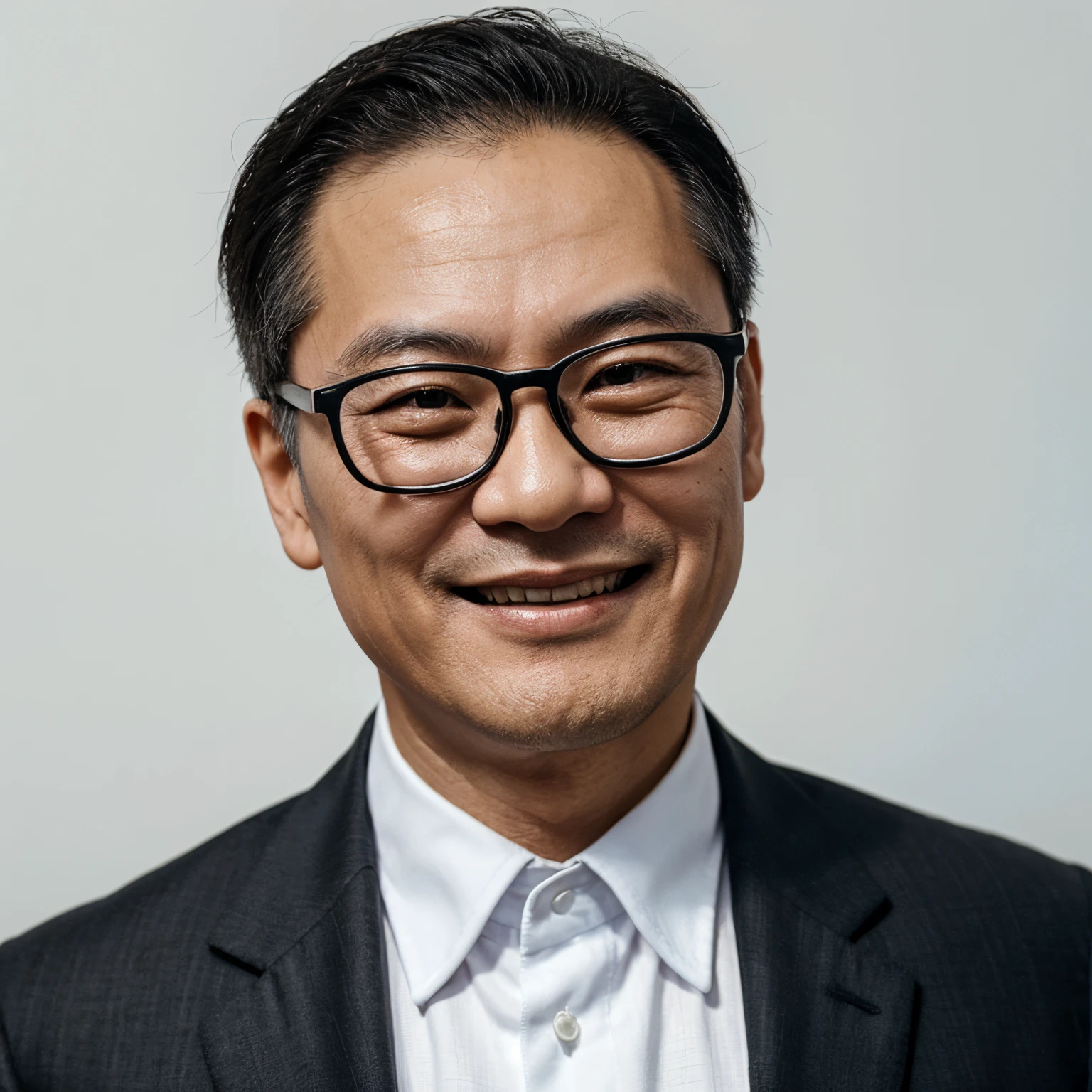Close-up of a smiling middle-aged Chinese man wearing a black suit,Wear glasses on a white background,Looking directly at