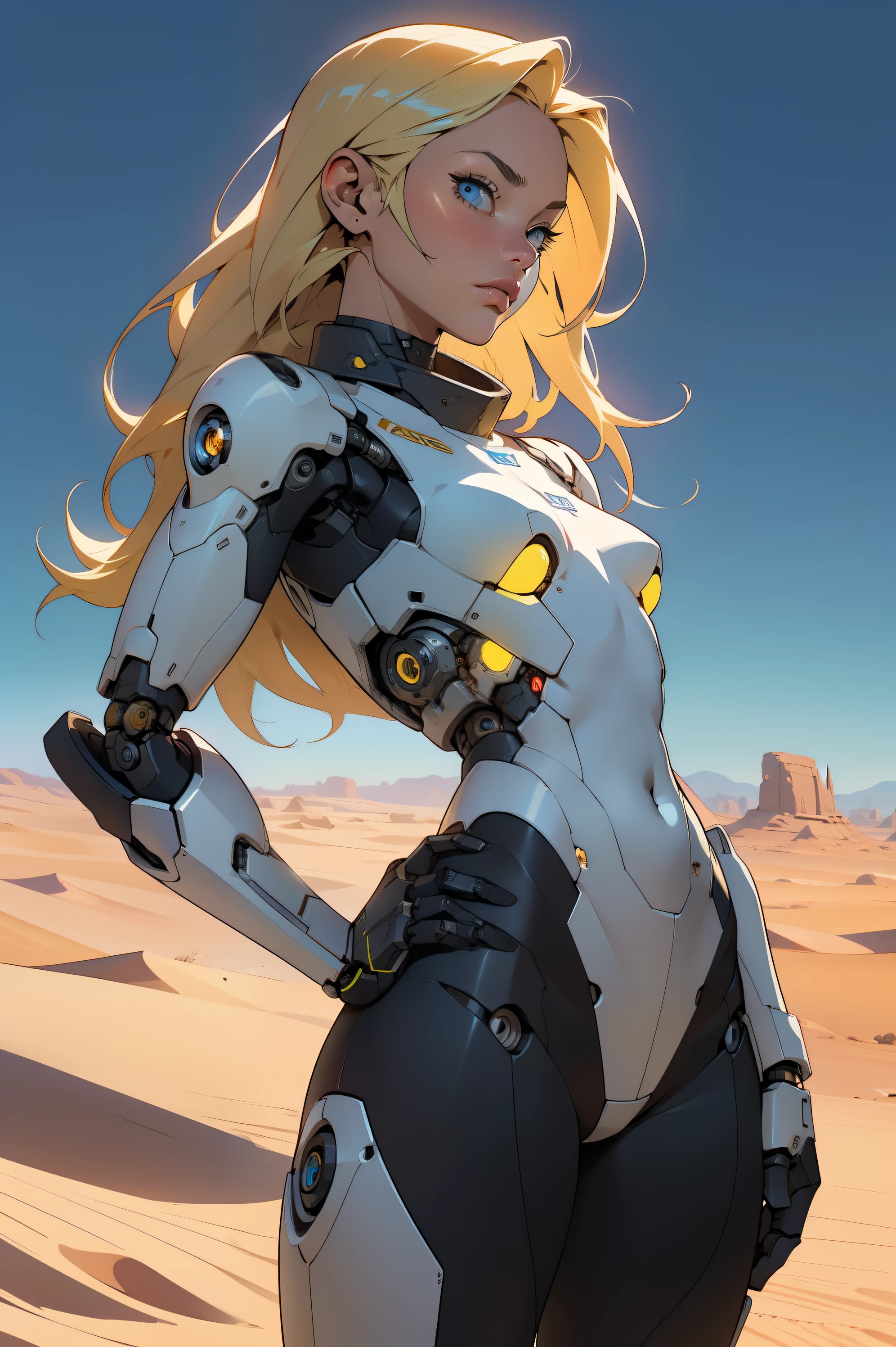 high quality, 4k, masterpiece, beautiful, cyborg girl, cowboy shot, dull eyes, side view, turning around to look at viewer, long blonde hair, girl, small breasts, fit thigh, robotic arms, robotic body, cyborg body, yellow accent, redaccent, intricate detail, joint, detailed lines, robotic detail, holding fist up, holding hand up as fist, color robotic parts, robotic parts with color, perfect fingers, on a desert planet, sunny background, colorful desert,
(nsfw:0.55), ((flat chested, flat stomach, baby face)), (intense colors)