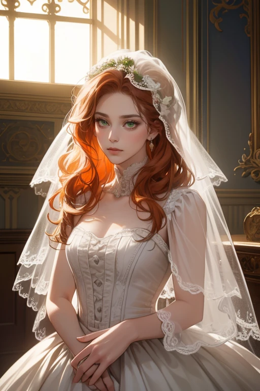 masterpiece, best quality, realistic, 1woman, mature female, beautiful, 25 years old, extremely detailed face, ((green eyes)), ((long red-orange wavy braided hair)), , citizen, ((dressed in a white wedding dress with a veil)), cinematic lighting, looking at the audience, posture dynamics, Victorian era, detailed eyes, detailed face, high quality image, expression: sad, in front of a window with dramatic lighting, victorian setting