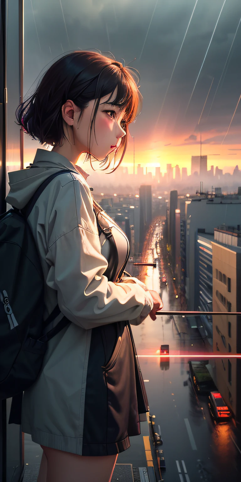 realisitic,A vast city spreads out、Heavy rain and darkening、Horizon Vibrant Colors、Girl watching from a building in the distance