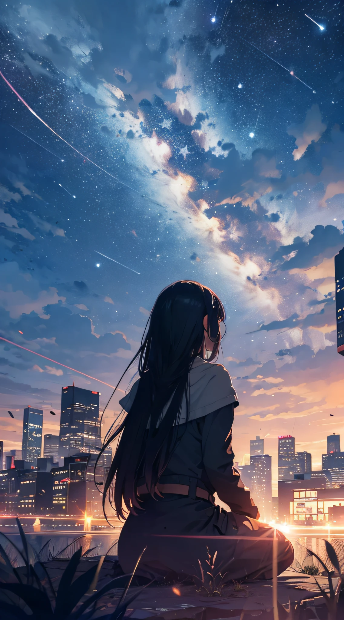 A girl sitting on a ledge looking at the city at night - SeaArt AI