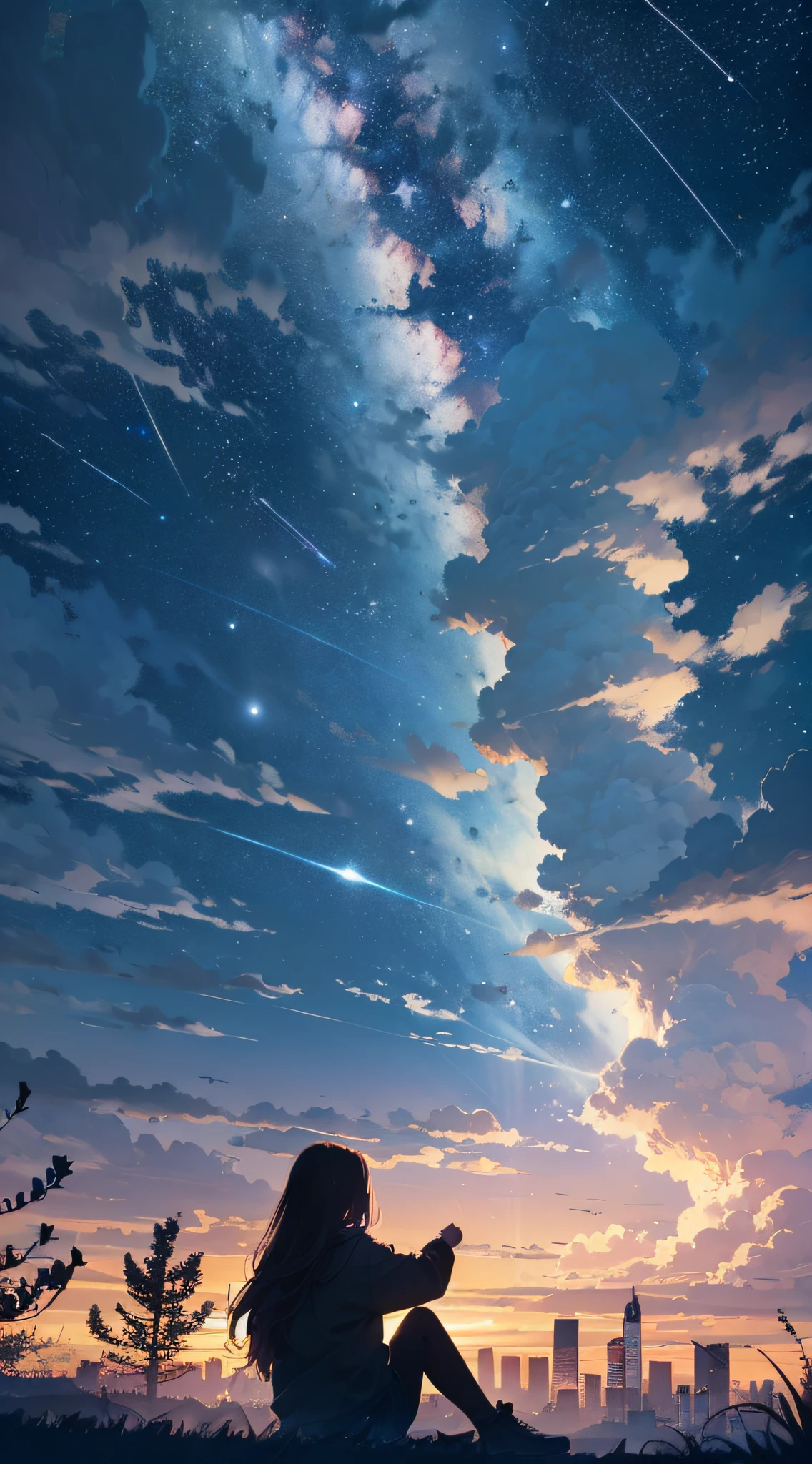 octans, sky, star (sky), scenery, starry sky, night, 1girl, night sky, solo, outdoors, building, cloud, milky way, sitting, tree, long hair, city, silhouette, cityscape