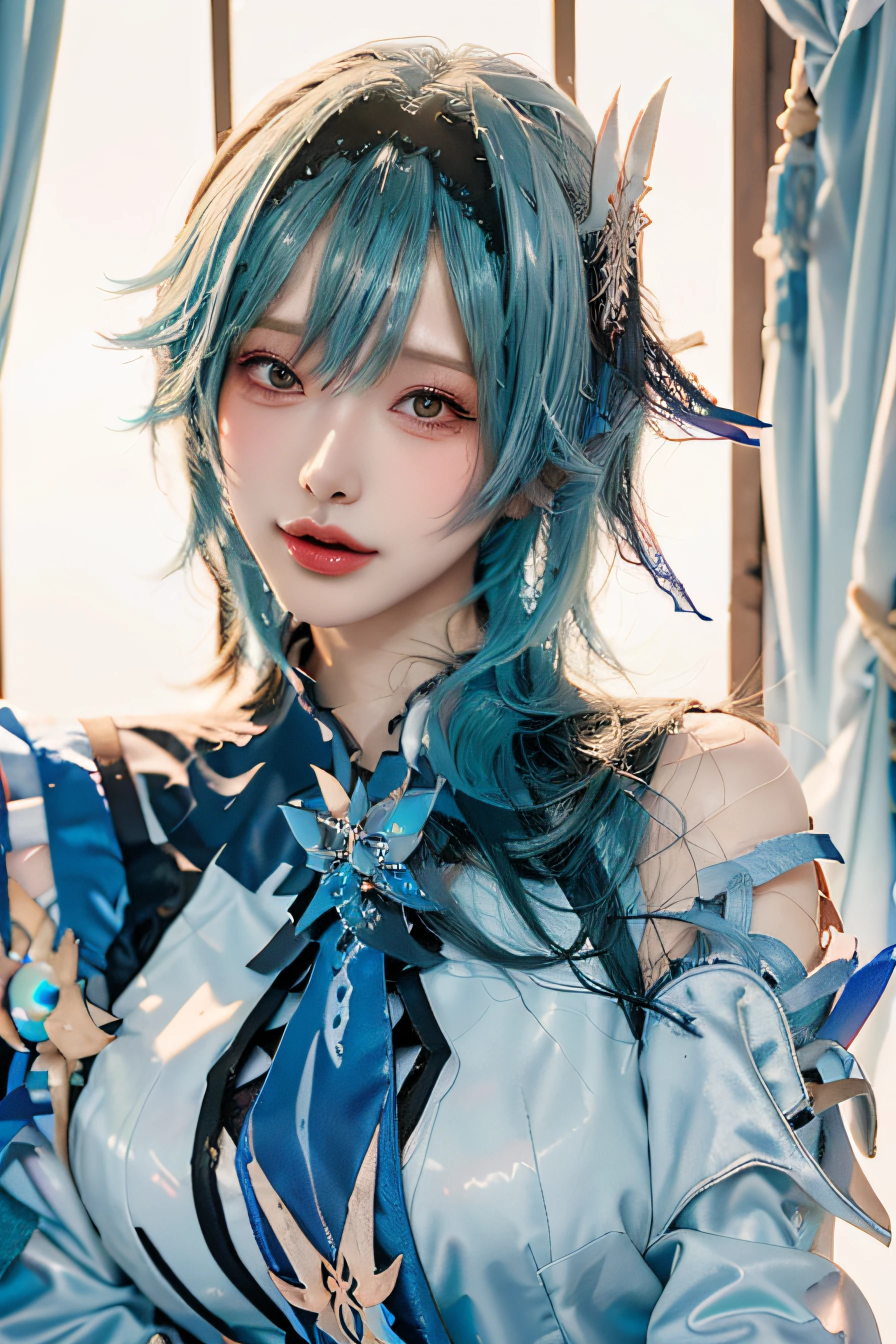 Beauty of a goddess, slim face, beautiful woman, 1girl, solo, (masterpiece:1.2), best quality, eula, genshin, high detailed, 8K resolution, looking at viewers, eula from genshin impact, indoor, hairband, blue hair, necktie, cape, ((( vision \(genshin impact\) ))), long sleeves, gloves, sidelocks, (smiling), slender figure, ((wide beautiful eyes)), (((a close up portrait, head to bust))), ((dynamic angle))