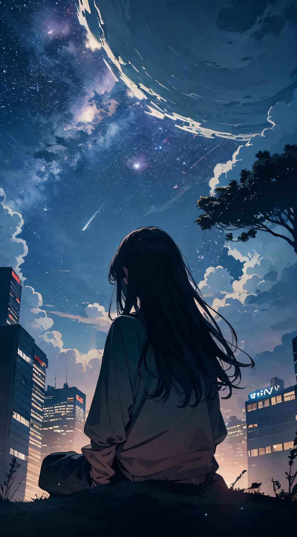 octans, sky, star (sky), scenery, starry sky, night, 1girl, night sky, solo, outdoors, building, cloud, milky way, sitting, tree, long hair, city, silhouette, cityscape