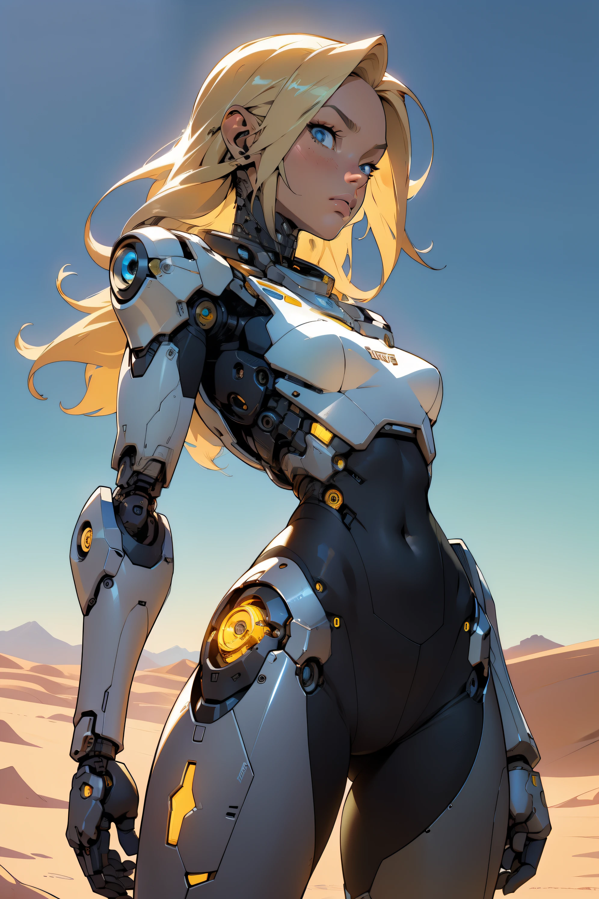 high quality, 4k, masterpiece, beautiful, cyborg girl, cowboy shot, clear eyes, side view, turning around to look at viewer, long blonde hair, girl, small breasts, fit thigh, robotic arms, robotic body, cyborg body, yellow accent, redaccent, intricate detail, joint, detailed lines, robotic detail, hand on hip, color robotic parts, robotic parts with color, perfect fingers, on a desert planet, sunny background, colorful desert,