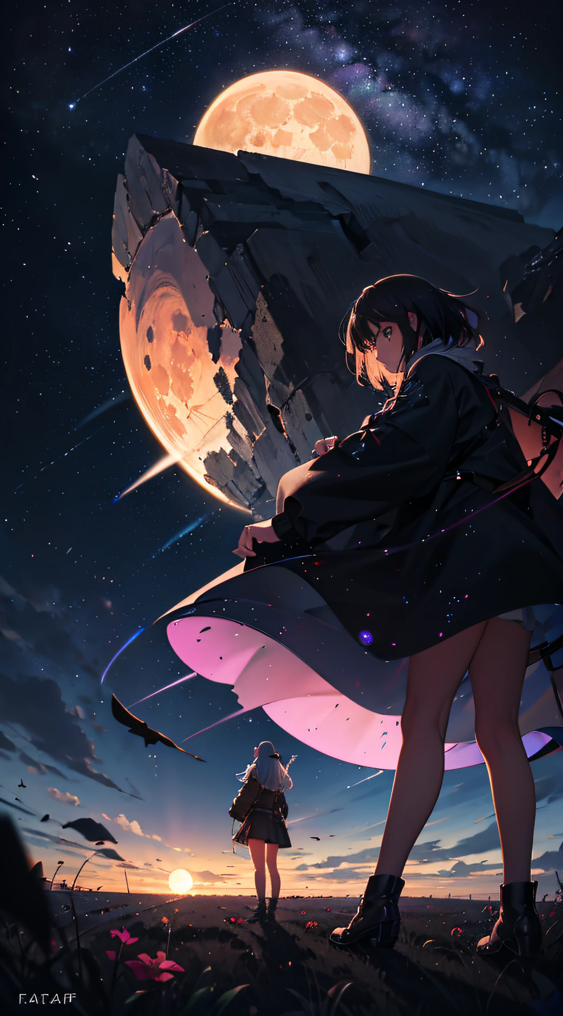 Vast landscape photos, (From below, Upper air, open fields below), a girl standing on flower field looking up, Text 0.6 (fullmoon: 1.2), (meteors: 0.9), (nebulas: 1.3), mountain in the distance, Tree BREAK making art, (Warm light source: 1.2), (Faiaf...