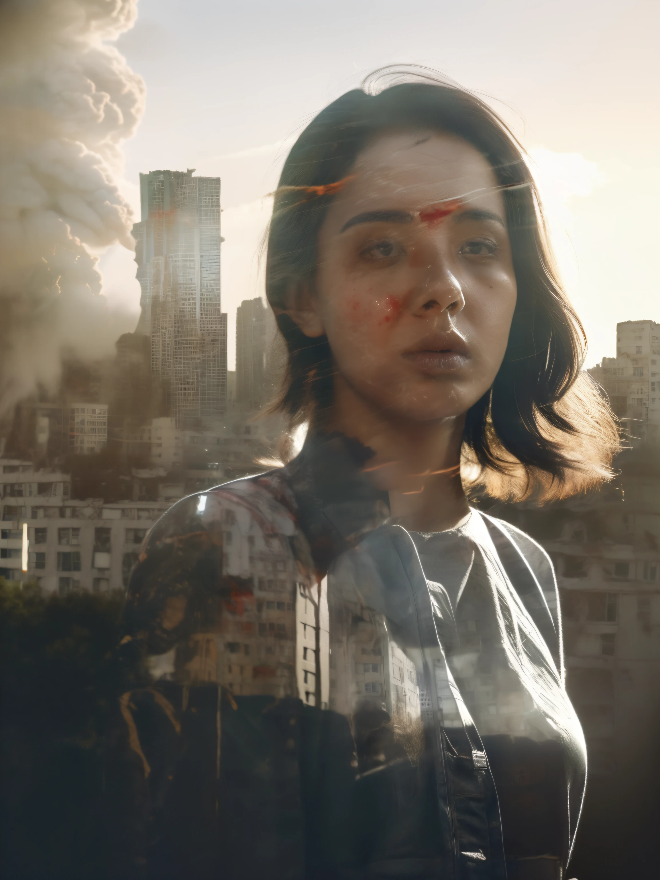 (double exposure), 1 woman, (solo), Pray for peace, gray, (scene of city being bombed: 1.5), (exploding city:1.5),olive branch, dove of peace, blood stain,Palestine, red tone, best quality at best,.